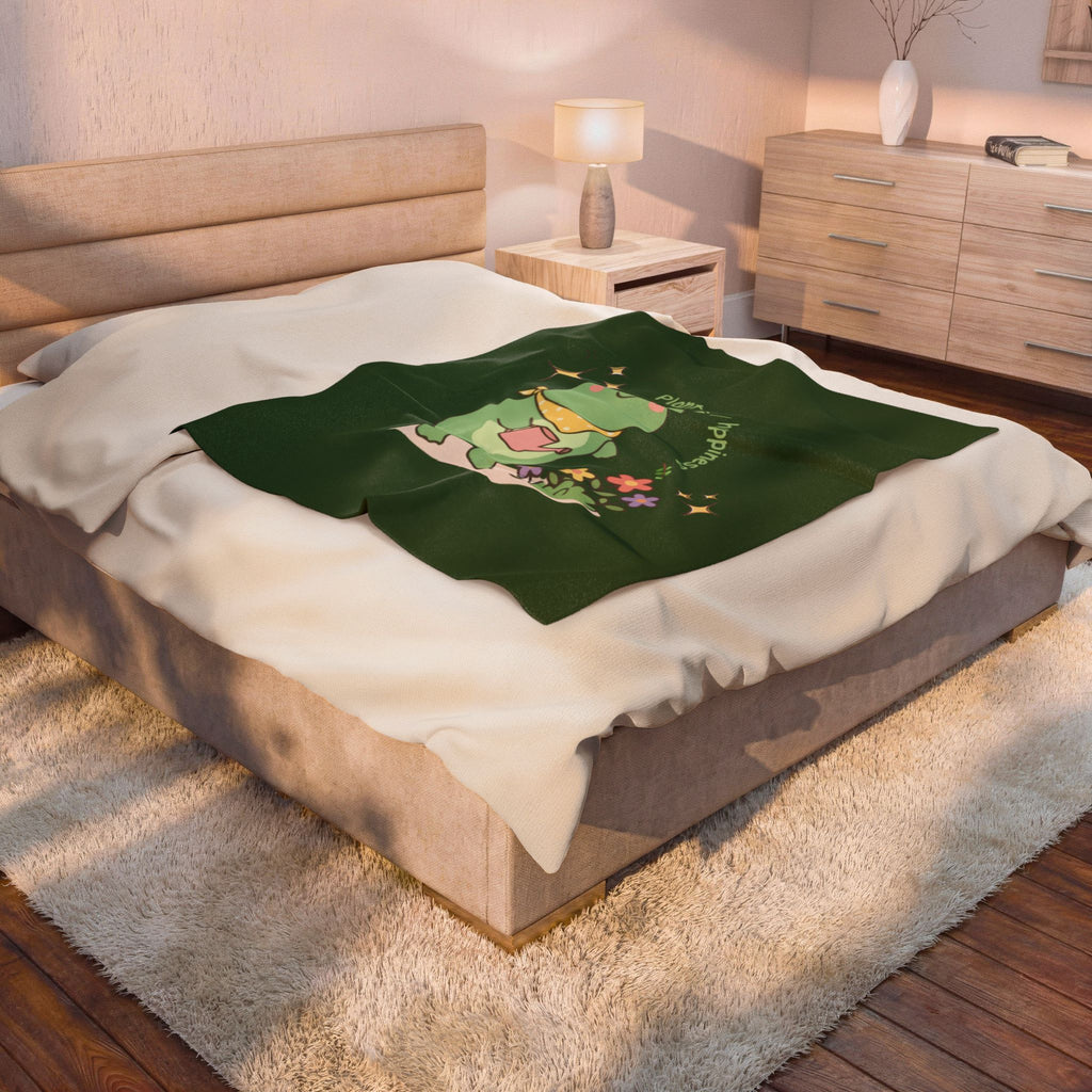 Cute Frog 'Planting My Happiness' Velveteen Plush Blanket