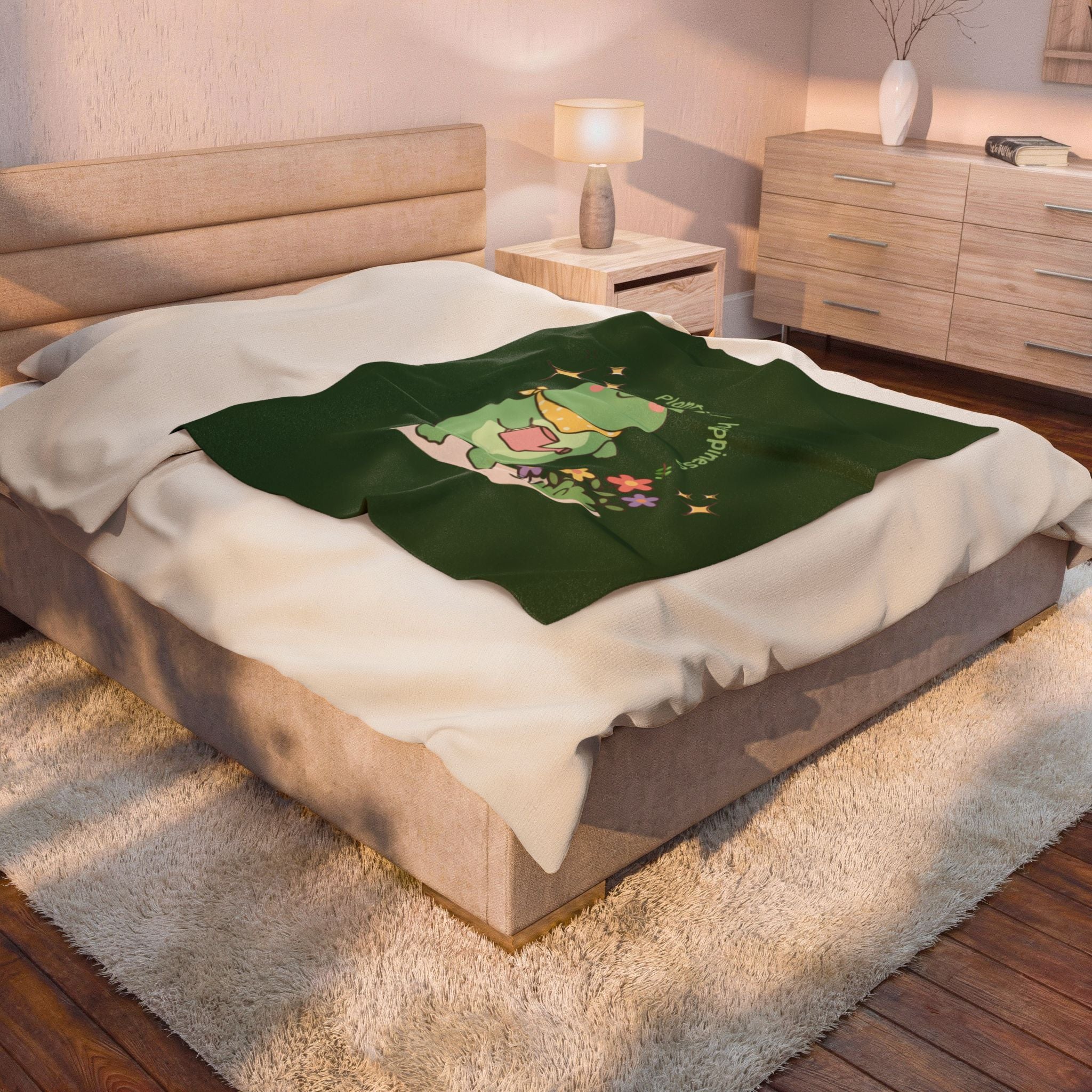 Cute Frog 'Planting My Happiness' Velveteen Plush Blanket