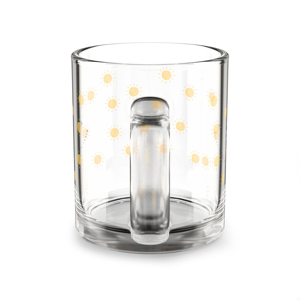 10oz Glass Mug — Sunny Dots with Blue Hydrangea Floral Accent