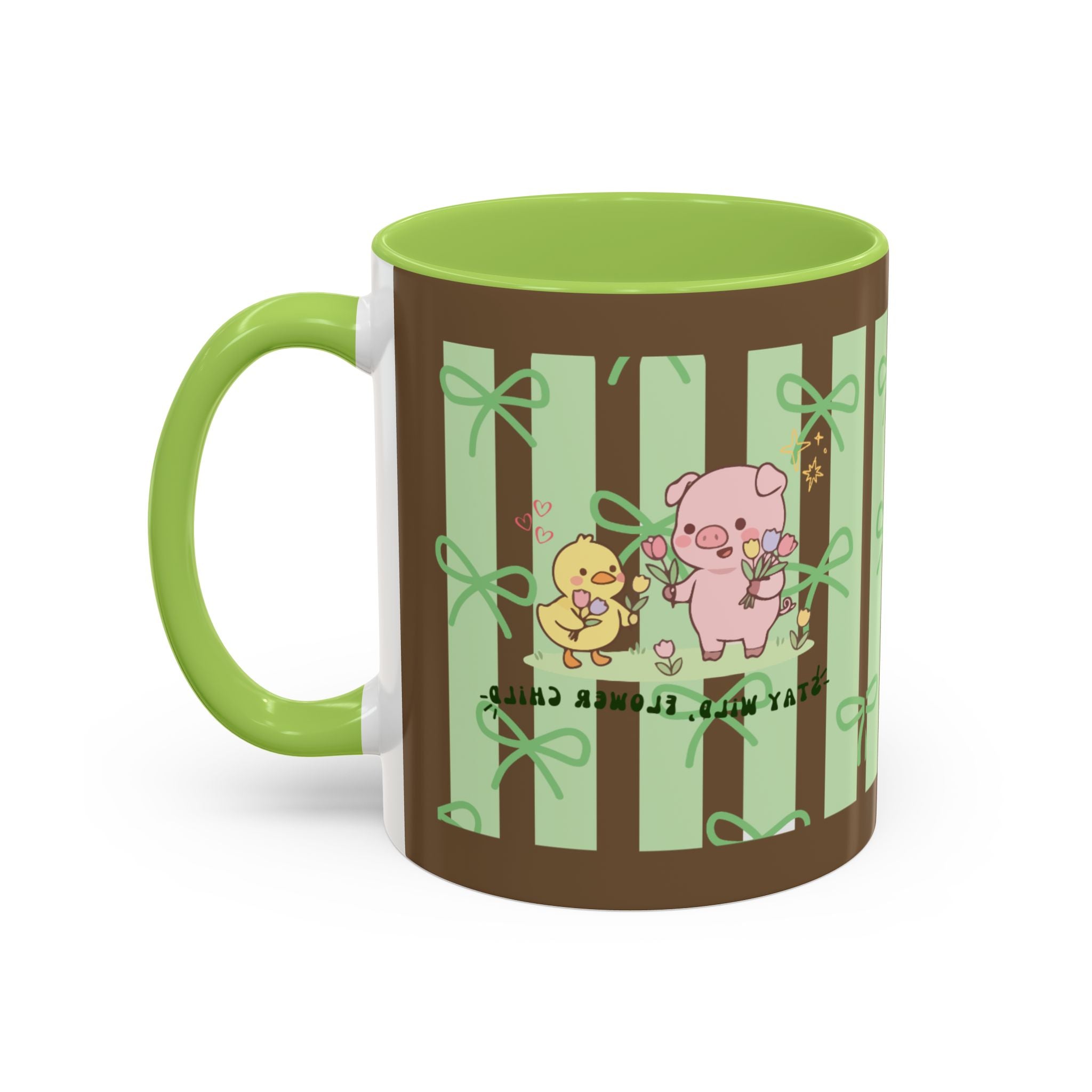 Cute Pig & Chick Accent Coffee Mug — Pastel Stripes, Charming Kawaii Tea/Coffee Cup