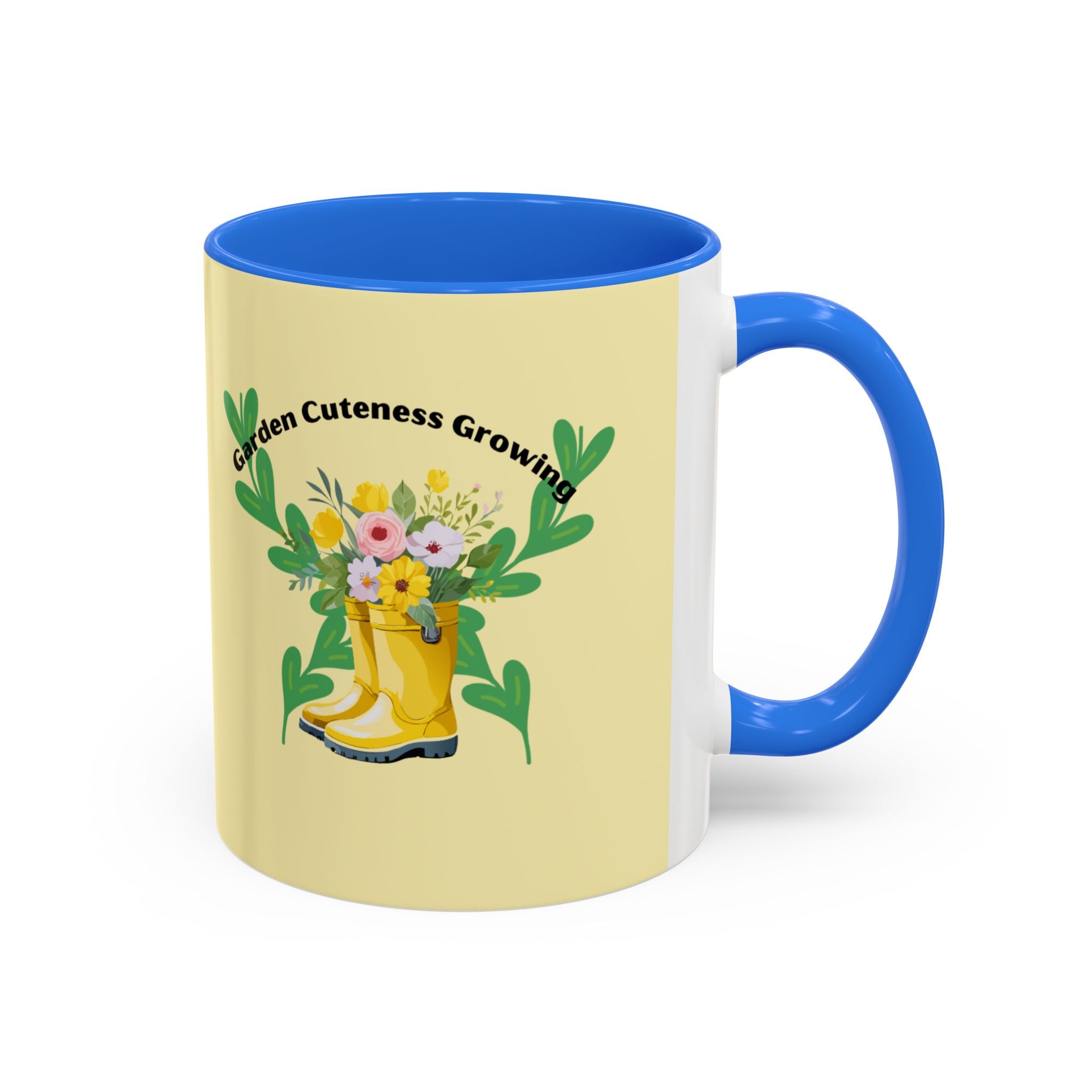 Yellow Rain Boot Floral Mug — “Garden Cuteness Growing” Coffee Cup (11oz/15oz)