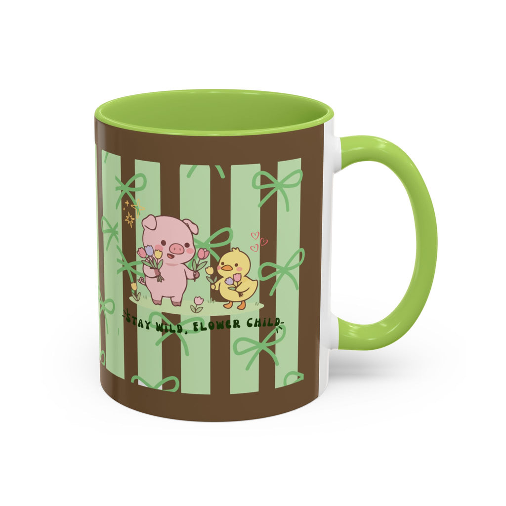 Cute Pig & Chick Accent Coffee Mug — Pastel Stripes, Charming Kawaii Tea/Coffee Cup