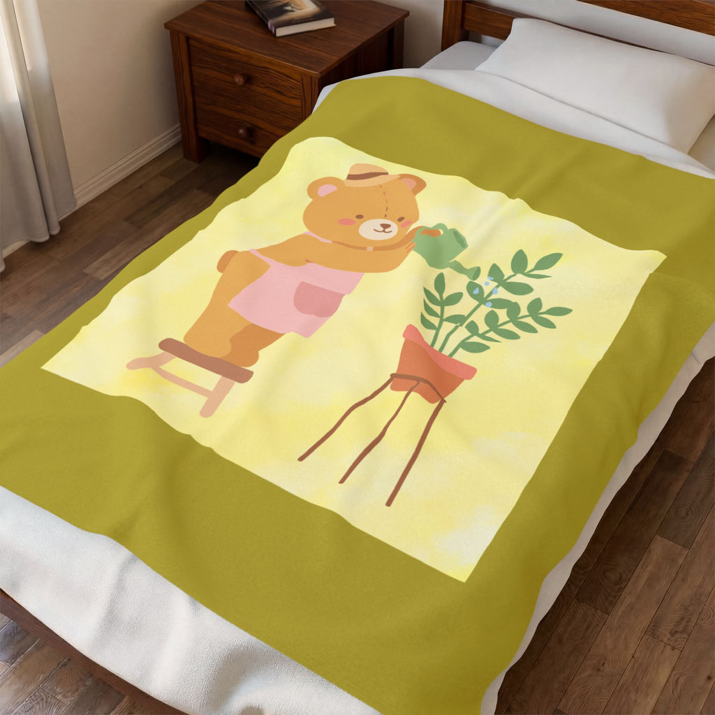 Plush Blanket — Cute Bear Watering Plant Velveteen Throw