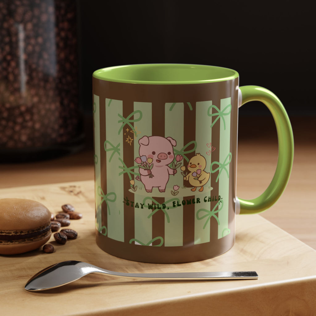 Cute Pig & Chick Accent Coffee Mug — Pastel Stripes, Charming Kawaii Tea/Coffee Cup