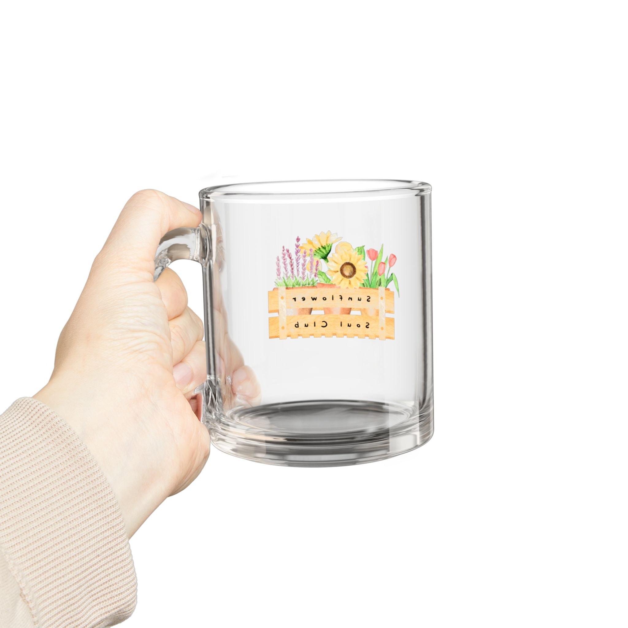 10oz Glass Mug — Rustic Floral Crate Design, Sunflower & Lavender Coffee Cup