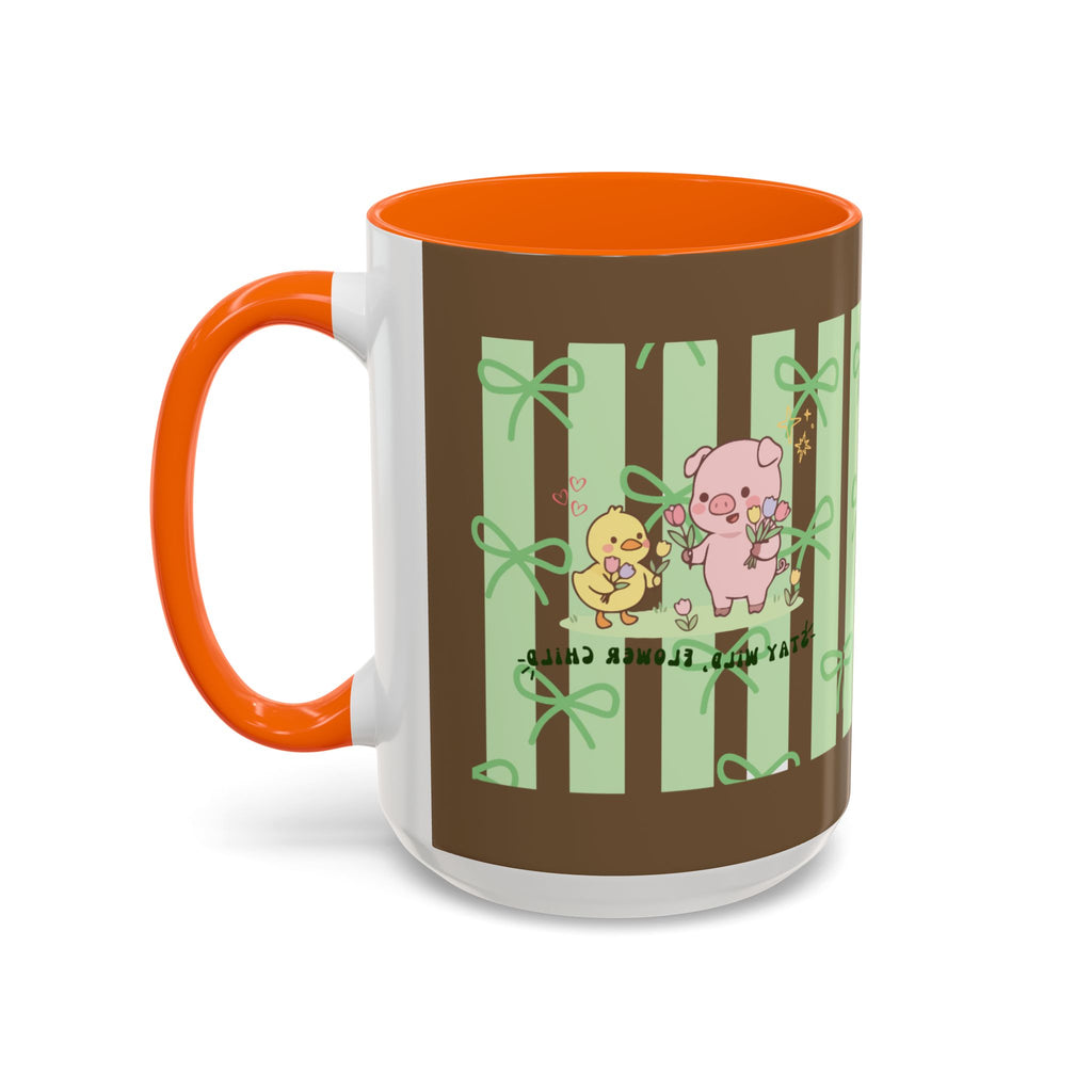 Cute Pig & Chick Accent Coffee Mug — Pastel Stripes, Charming Kawaii Tea/Coffee Cup