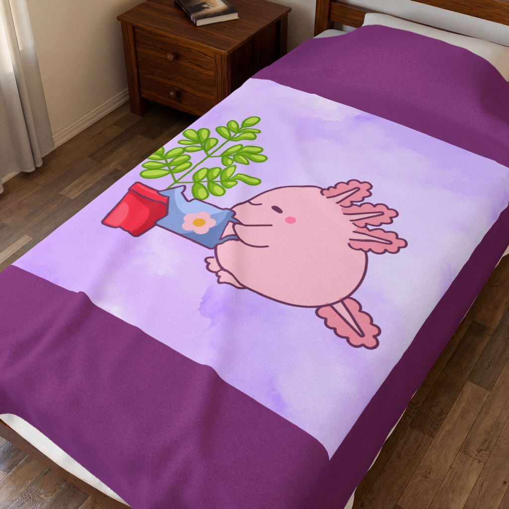 Axolotl Plant Watering Plush Blanket — Cute Pink Axolotl Gardening Throw for Kids & Animal Lovers