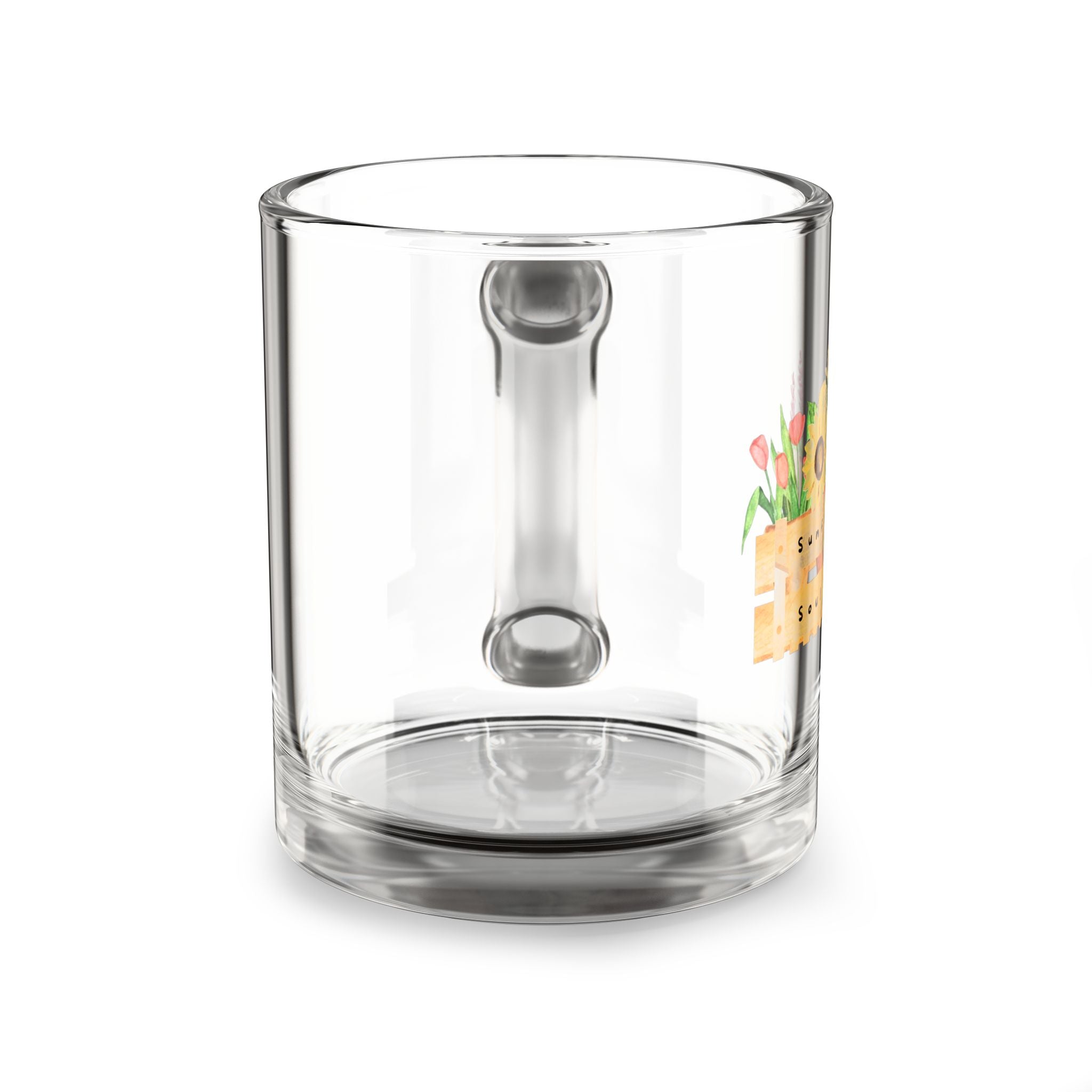10oz Glass Mug — Rustic Floral Crate Design, Sunflower & Lavender Coffee Cup