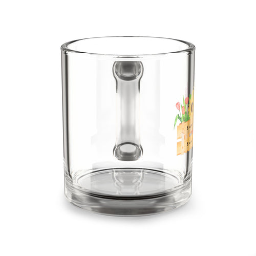 10oz Glass Mug — Rustic Floral Crate Design, Sunflower & Lavender Coffee Cup