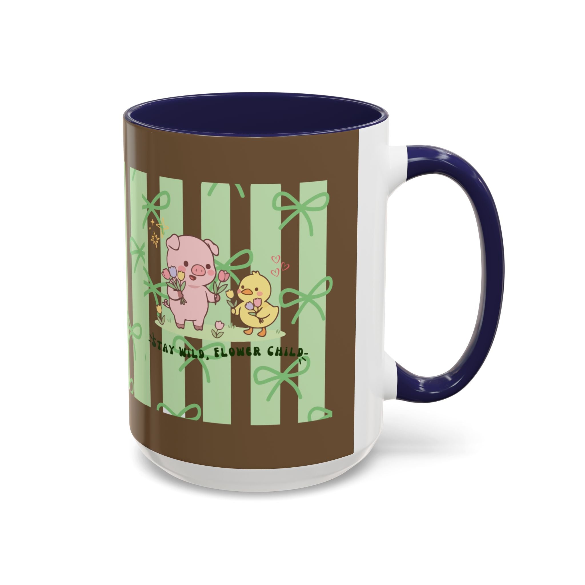 Cute Pig & Chick Accent Coffee Mug — Pastel Stripes, Charming Kawaii Tea/Coffee Cup
