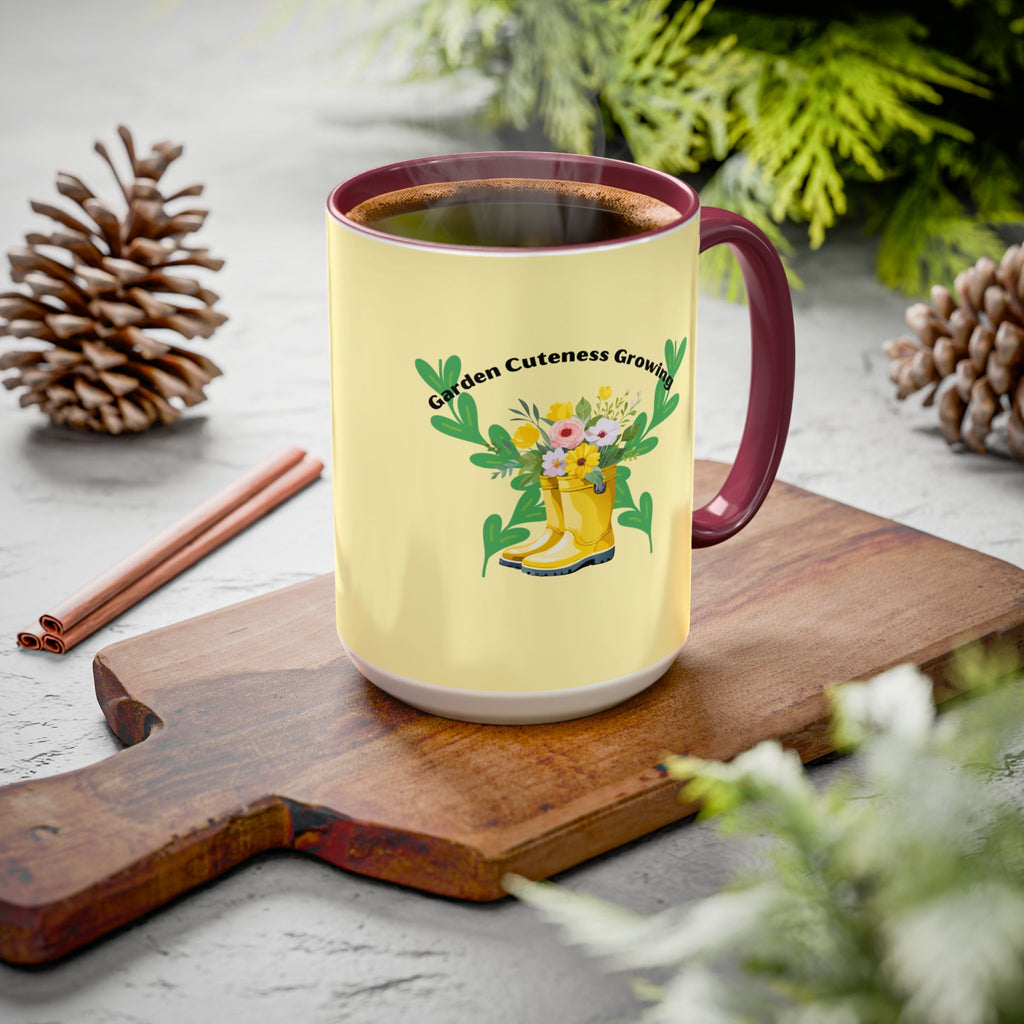 Yellow Rain Boot Floral Mug — “Garden Cuteness Growing” Coffee Cup (11oz/15oz)