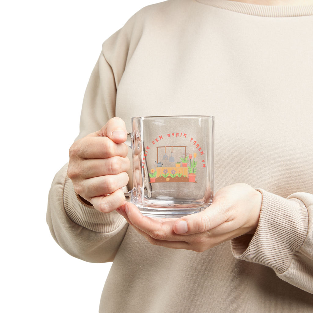 Glass Mug — "My Happy Place Has Plants" 10oz Clear Coffee Cup for Plant Lovers