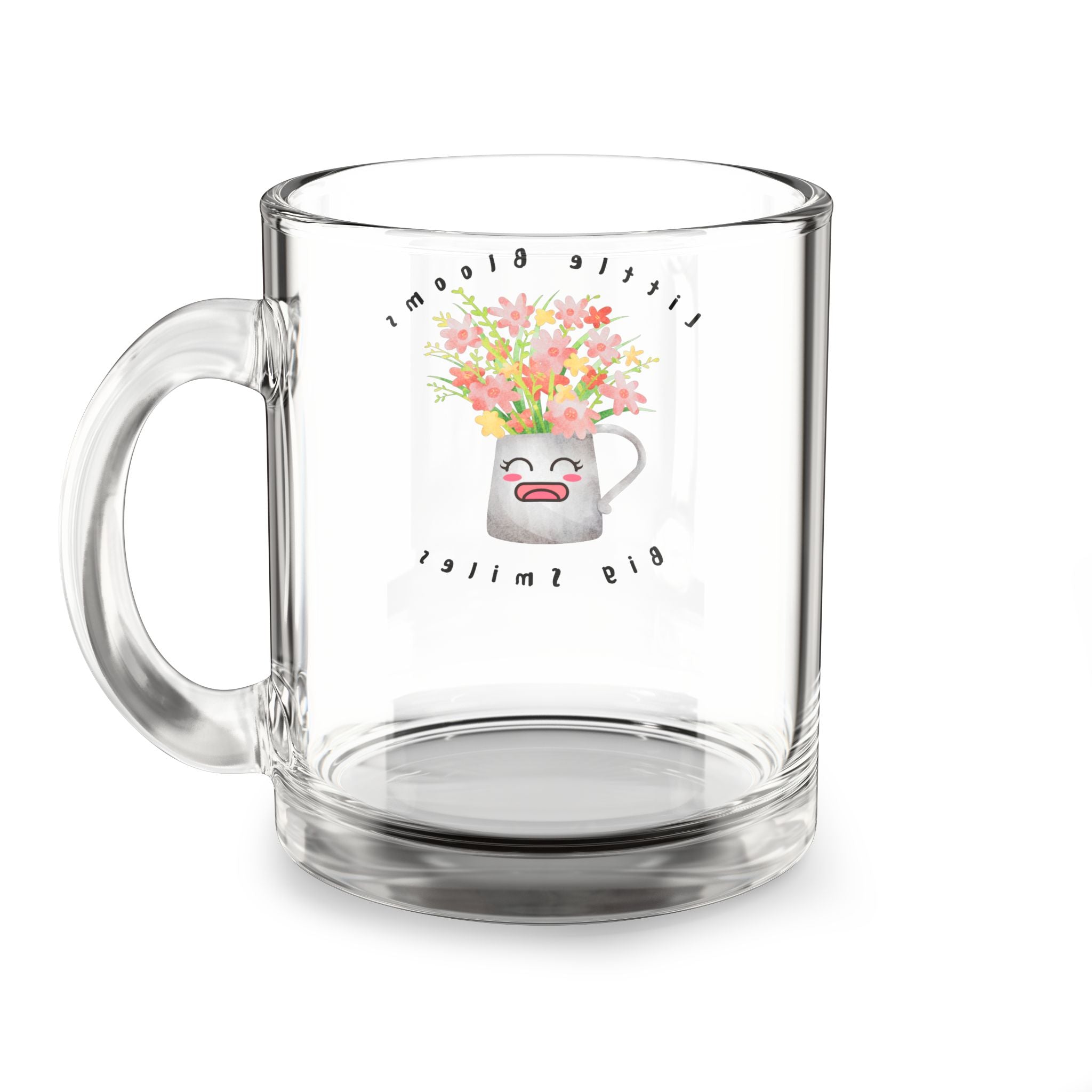 10oz Glass Mug – Smiling Flower Pitcher Design, 'tiny things big smiles' Gift Mug