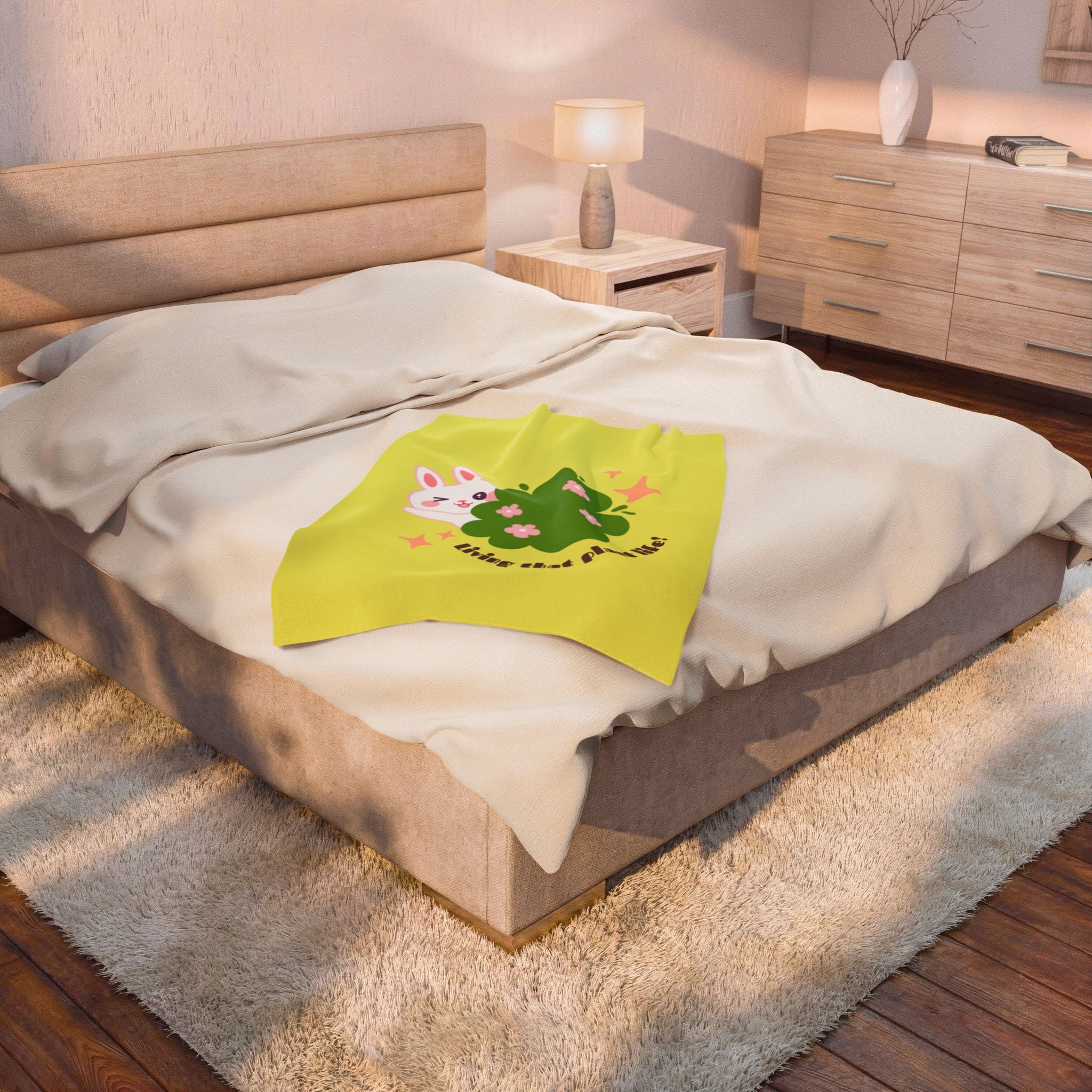 Cute Bunny 'Living That Plant Life' Plush Blanket — Soft Velveteen Throw for Plant Lovers, Kids & Cozy Gift