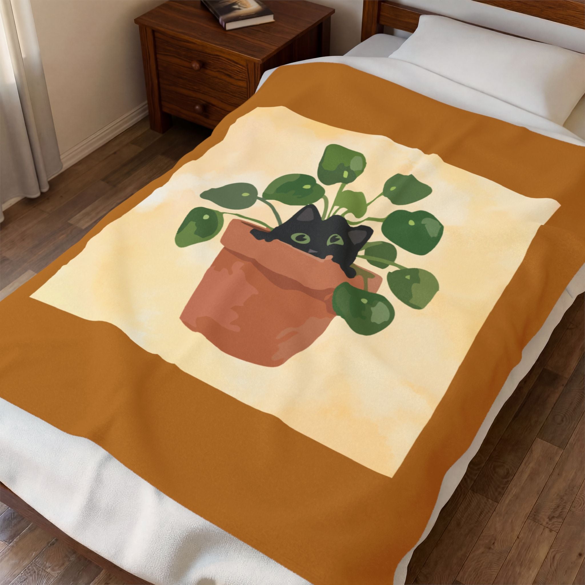 Plush Blanket — Cute Black Cat in Potted Plant Velveteen Throw
