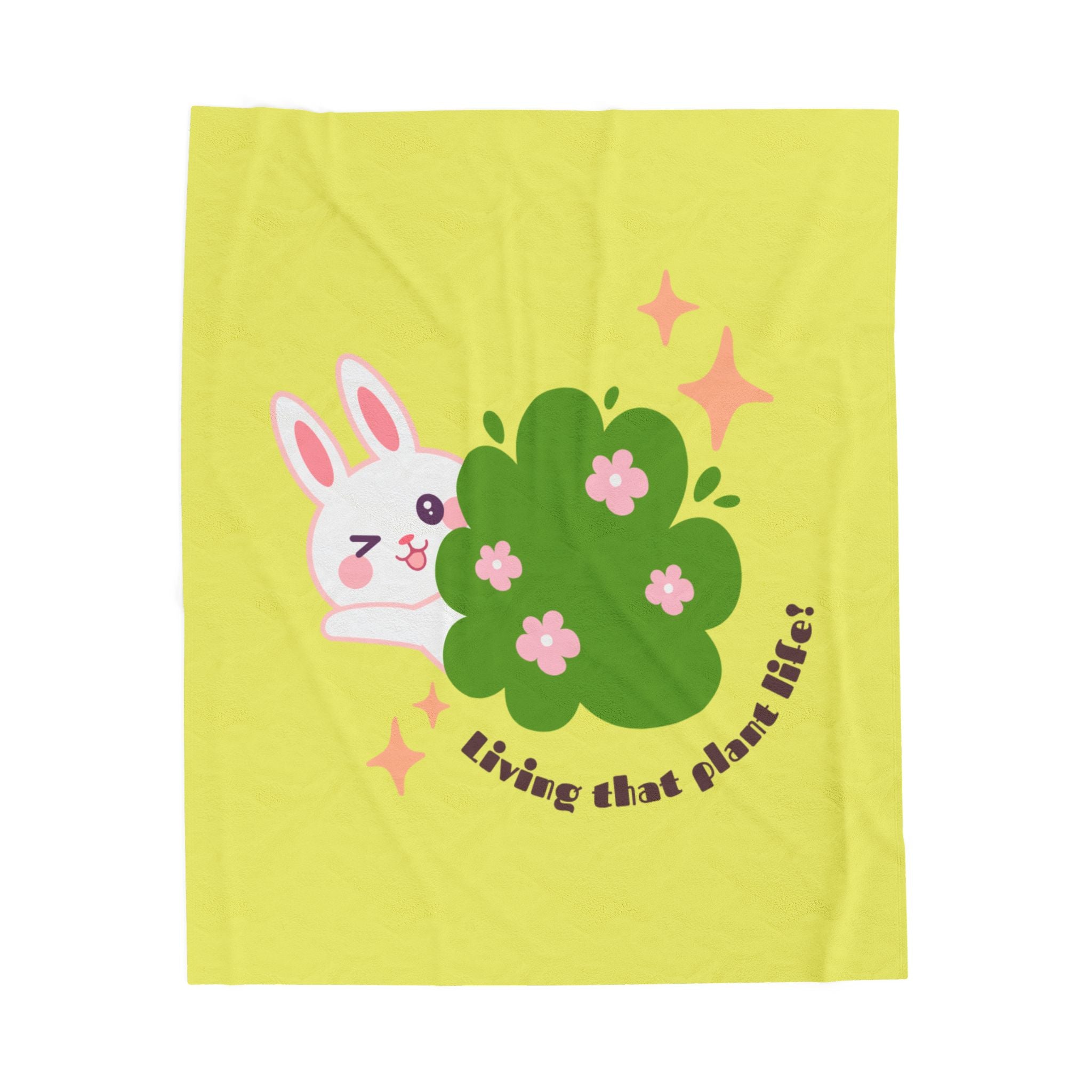 Cute Bunny 'Living That Plant Life' Plush Blanket — Soft Velveteen Throw for Plant Lovers, Kids & Cozy Gift