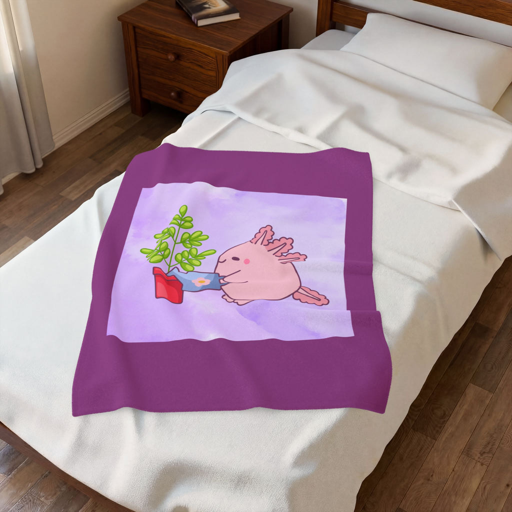 Axolotl Plant Watering Plush Blanket — Cute Pink Axolotl Gardening Throw for Kids & Animal Lovers