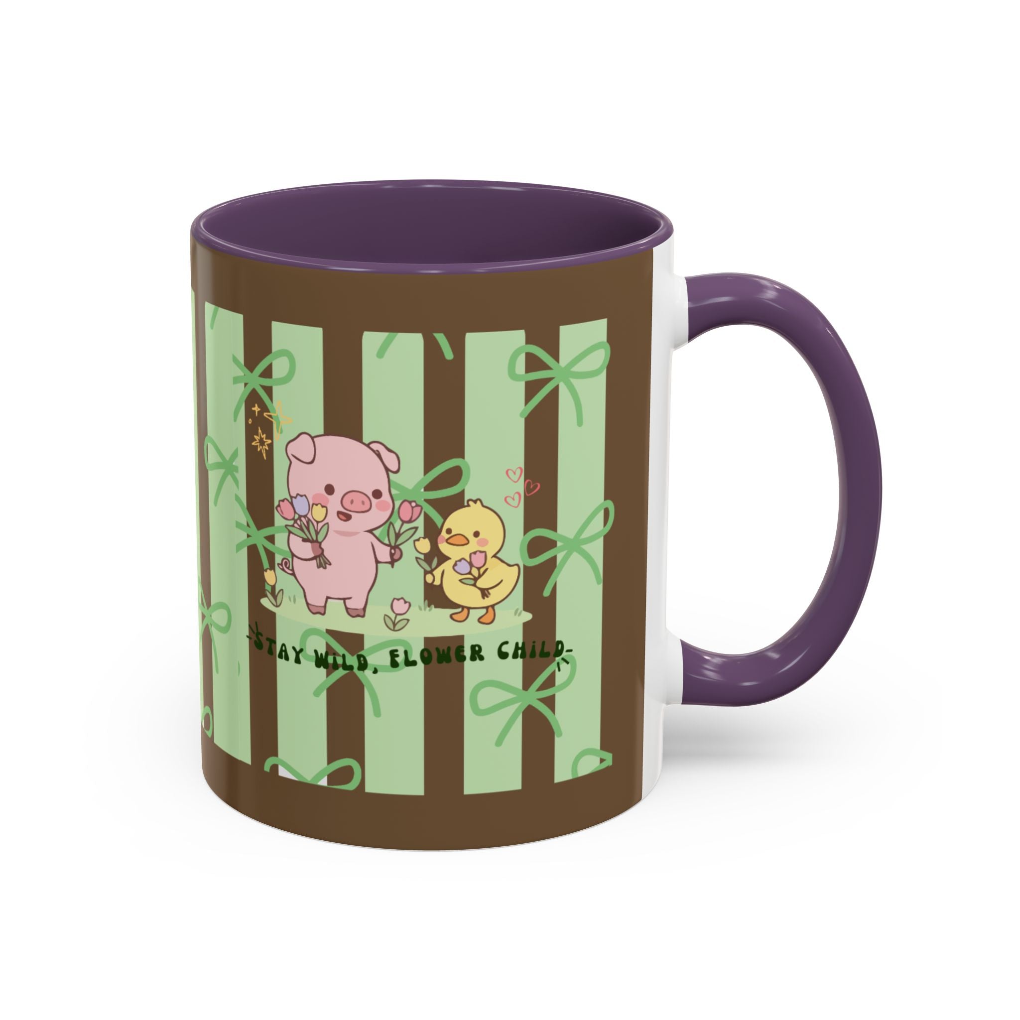 Cute Pig & Chick Accent Coffee Mug — Pastel Stripes, Charming Kawaii Tea/Coffee Cup