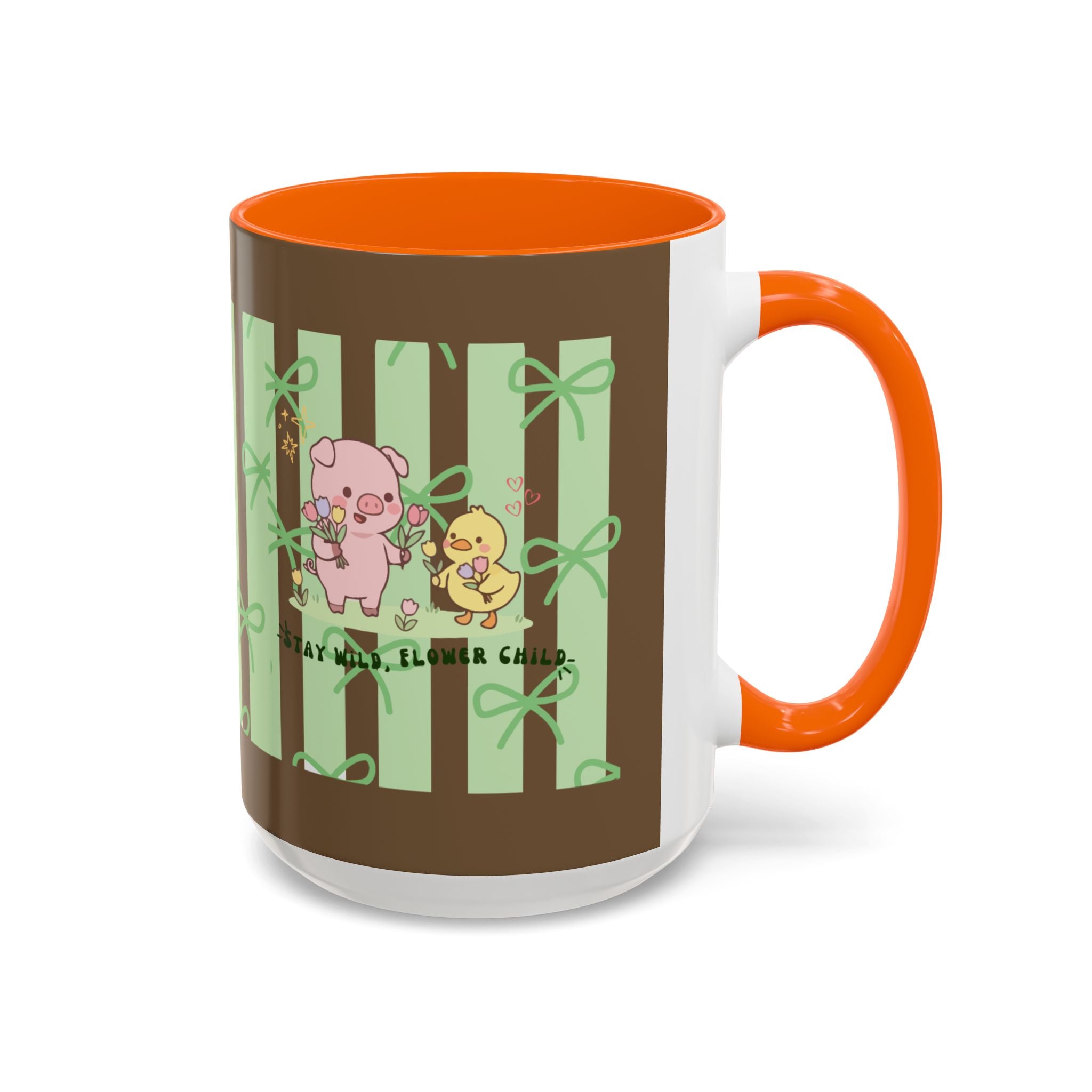 Cute Pig & Chick Accent Coffee Mug — Pastel Stripes, Charming Kawaii Tea/Coffee Cup