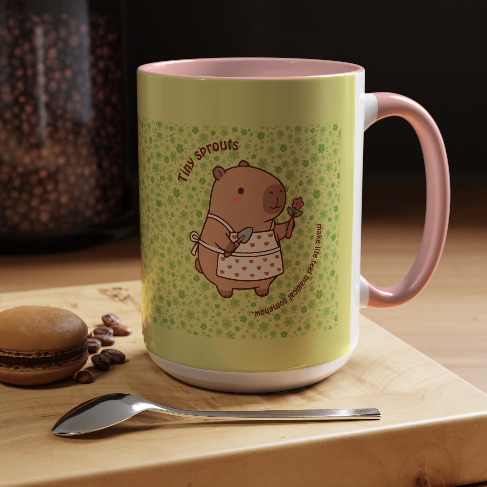Cute ‘Tiny Sprouts’ Accent Coffee Mug – Kawaii Garden Capybara Design (11/15 oz)