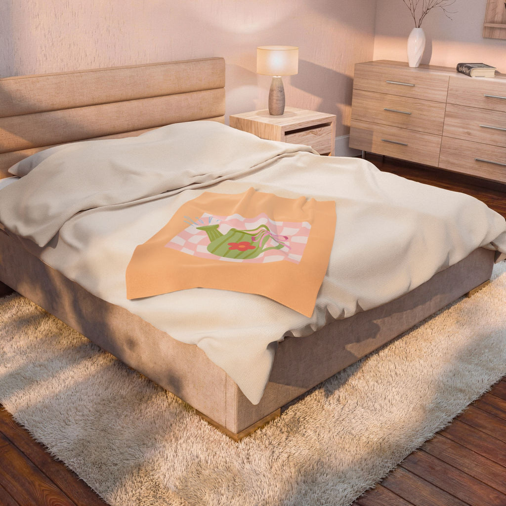 Watering Can Velveteen Plush Blanket — Soft Pastel Garden Throw