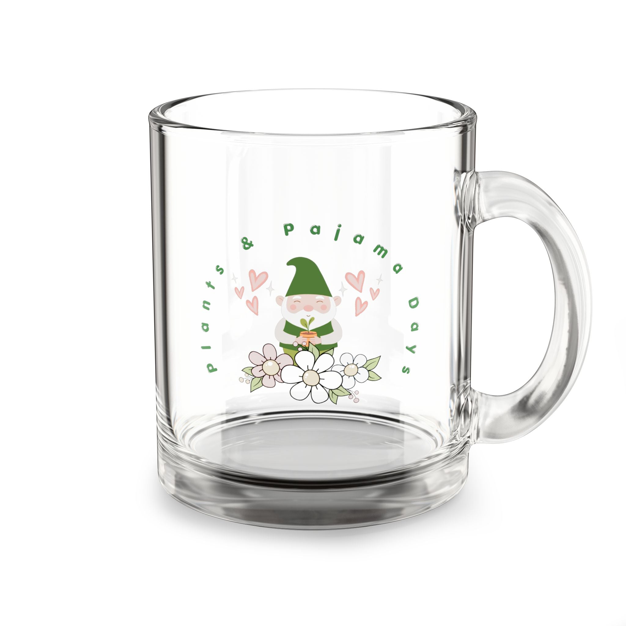 10oz Glass Mug – Cute Gnome Floral Coffee Cup (Pastel Hearts)