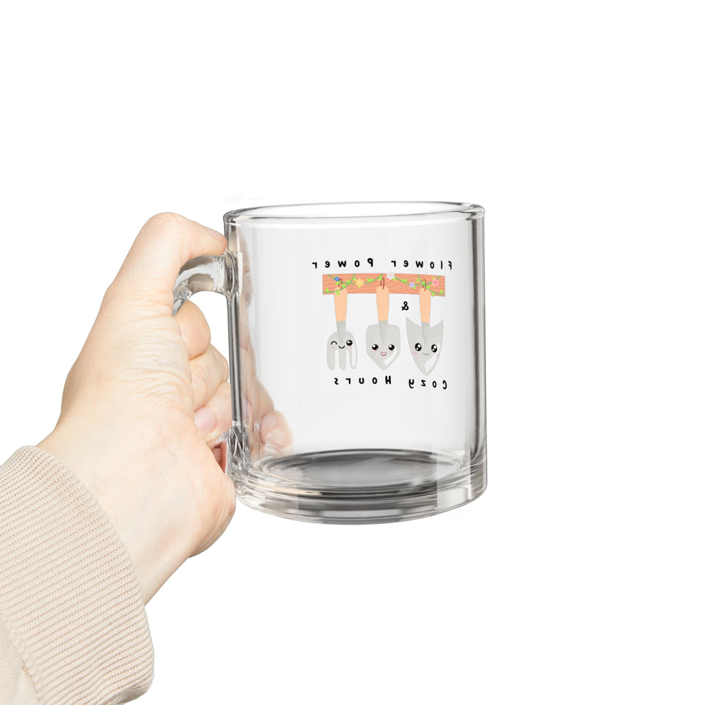 10oz Glass Mug — Cute Gardening Utensils “Flower Power” Coffee Mug
