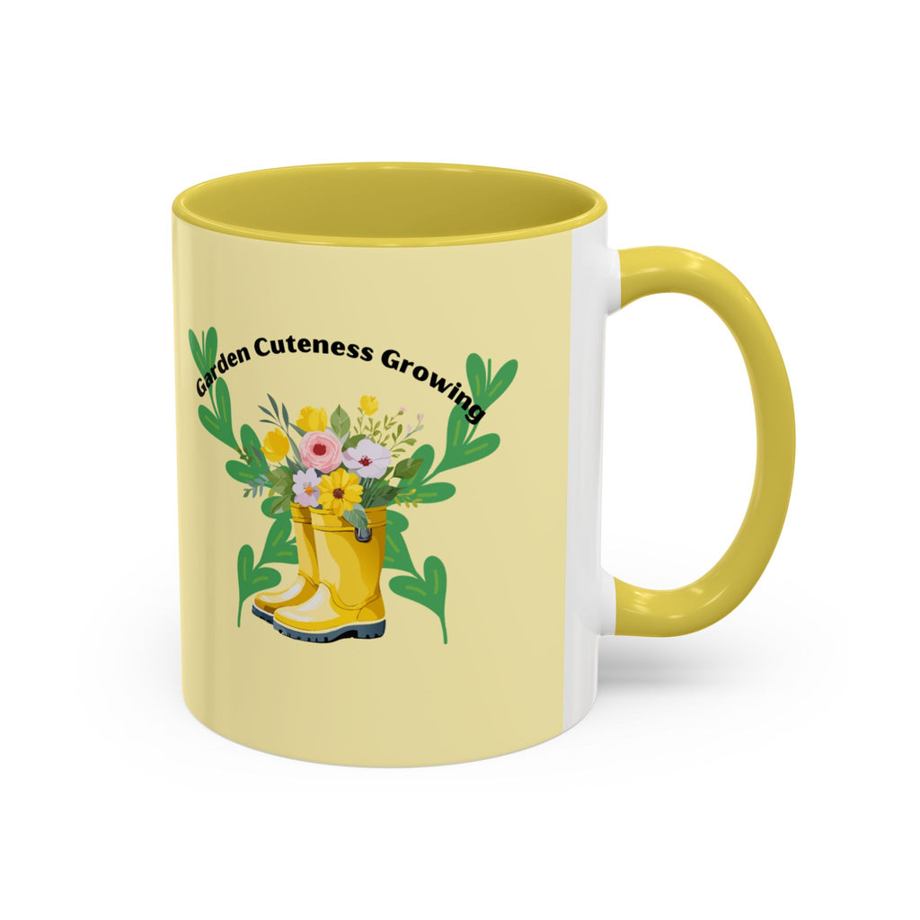 Yellow Rain Boot Floral Mug — “Garden Cuteness Growing” Coffee Cup (11oz/15oz)