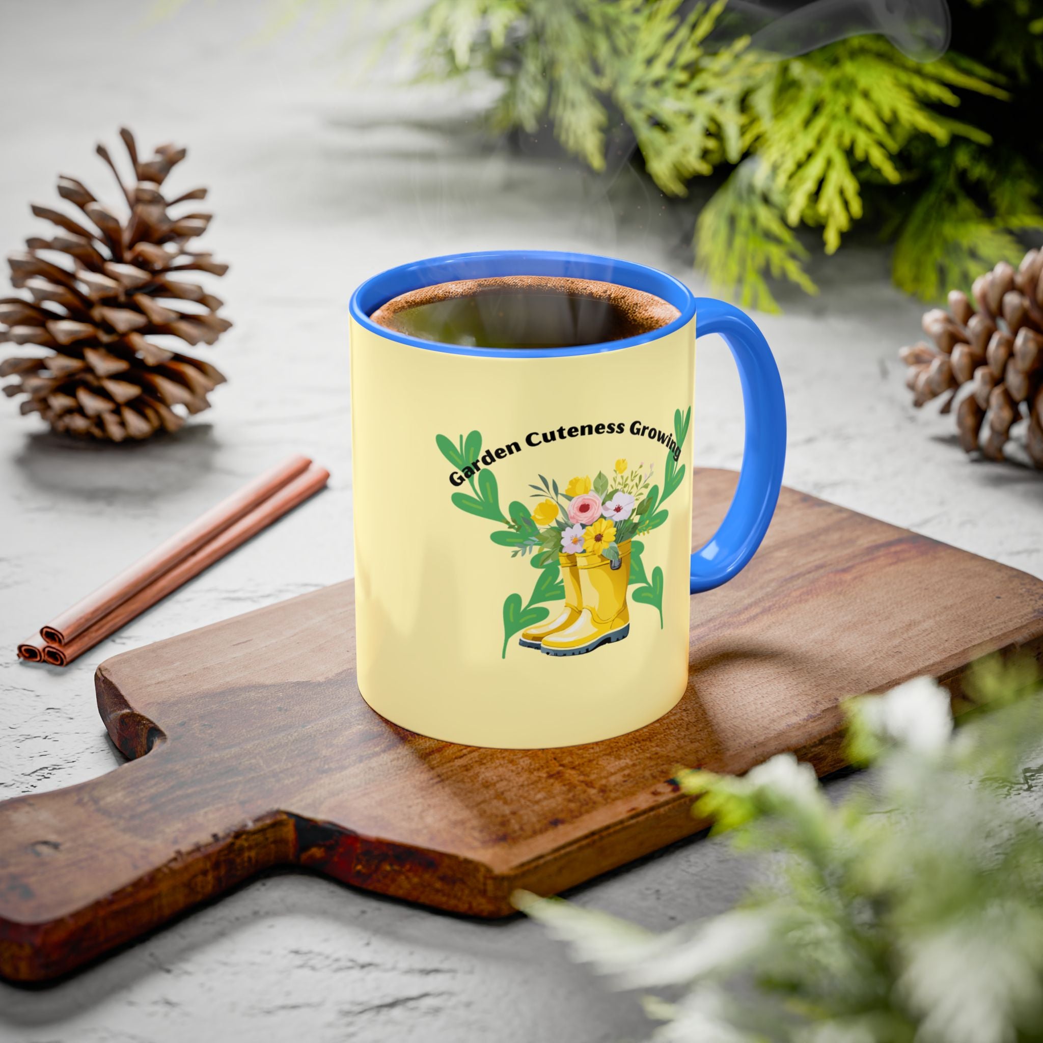 Yellow Rain Boot Floral Mug — “Garden Cuteness Growing” Coffee Cup (11oz/15oz)
