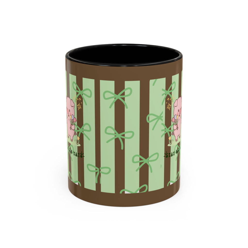 Cute Pig & Chick Accent Coffee Mug — Pastel Stripes, Charming Kawaii Tea/Coffee Cup