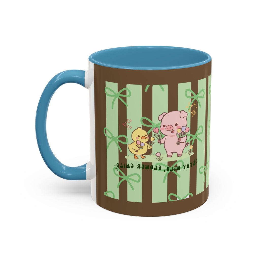 Cute Pig & Chick Accent Coffee Mug — Pastel Stripes, Charming Kawaii Tea/Coffee Cup