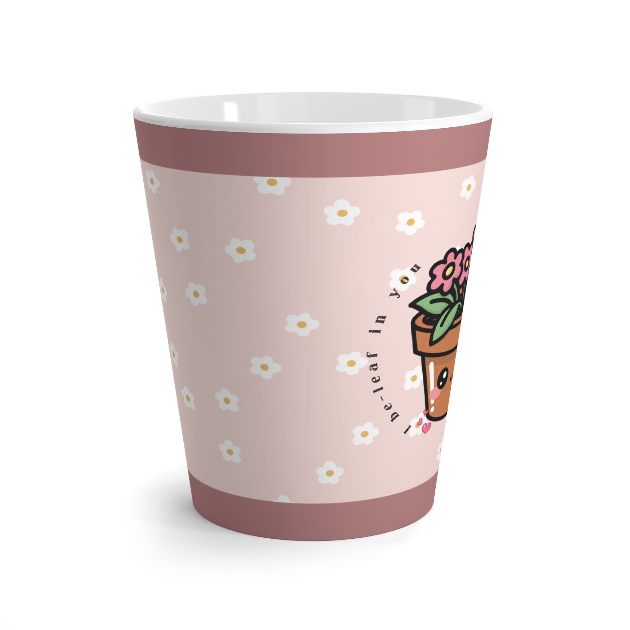 Pink Daisy Latte Mug — Cute Potted Plant Floral Coffee Cup ("Plant Mom")