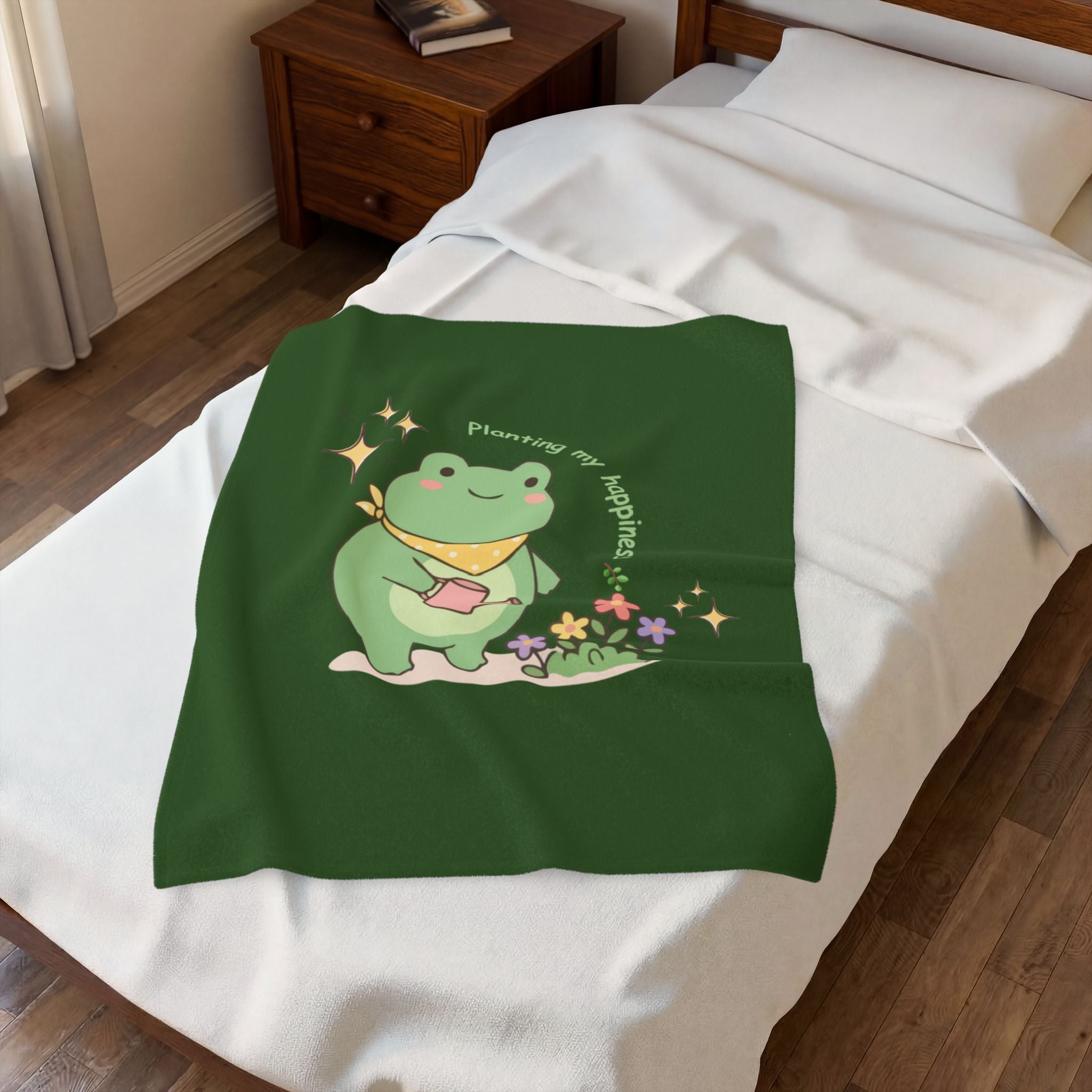 Cute Frog 'Planting My Happiness' Velveteen Plush Blanket