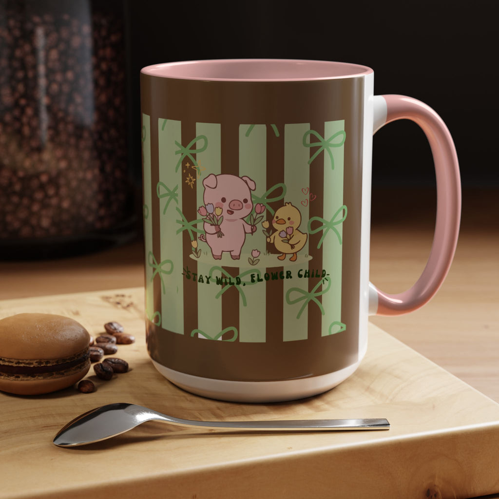 Cute Pig & Chick Accent Coffee Mug — Pastel Stripes, Charming Kawaii Tea/Coffee Cup