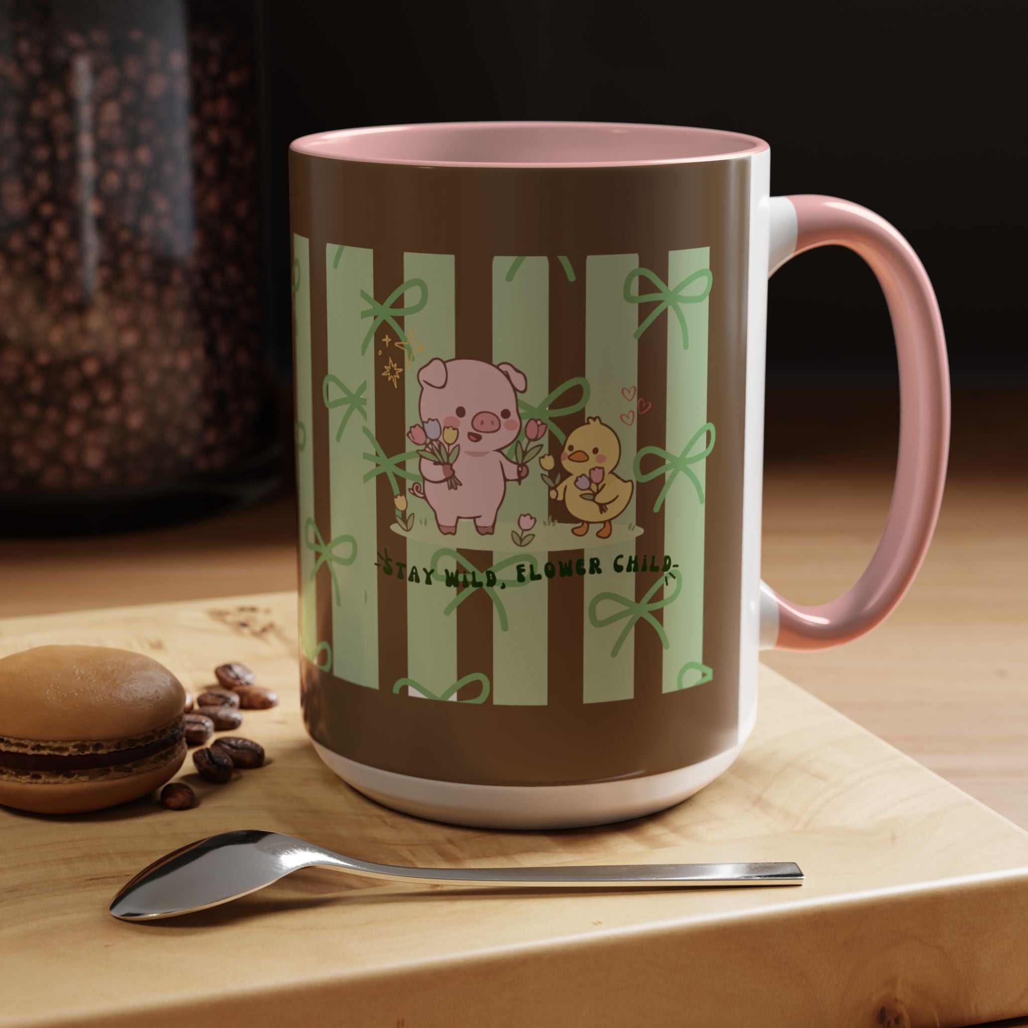 Cute Pig & Chick Accent Coffee Mug — Pastel Stripes, Charming Kawaii Tea/Coffee Cup