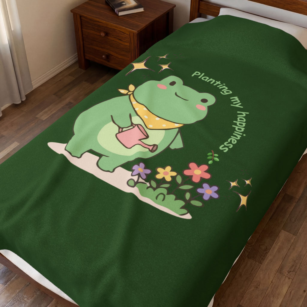 Cute Frog 'Planting My Happiness' Velveteen Plush Blanket