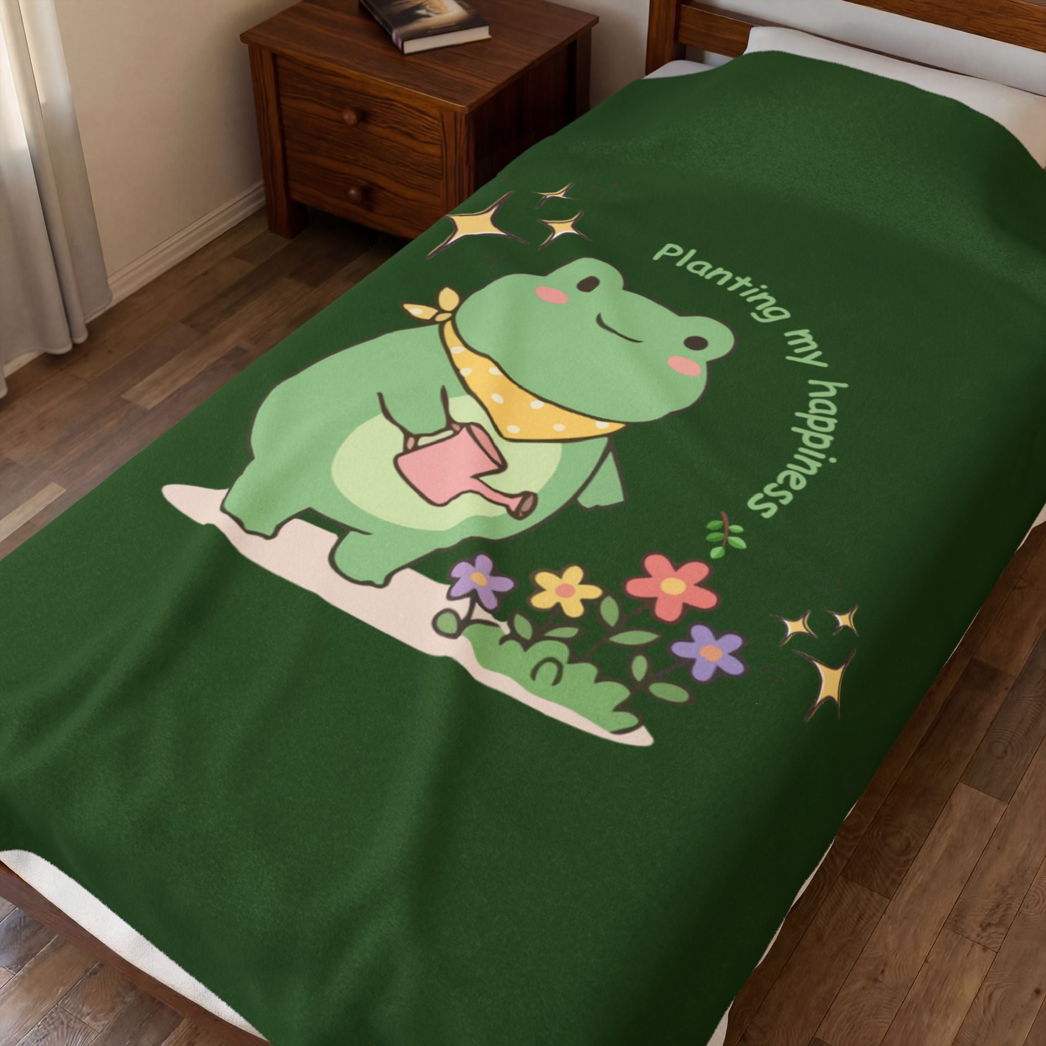 Cute Frog 'Planting My Happiness' Velveteen Plush Blanket