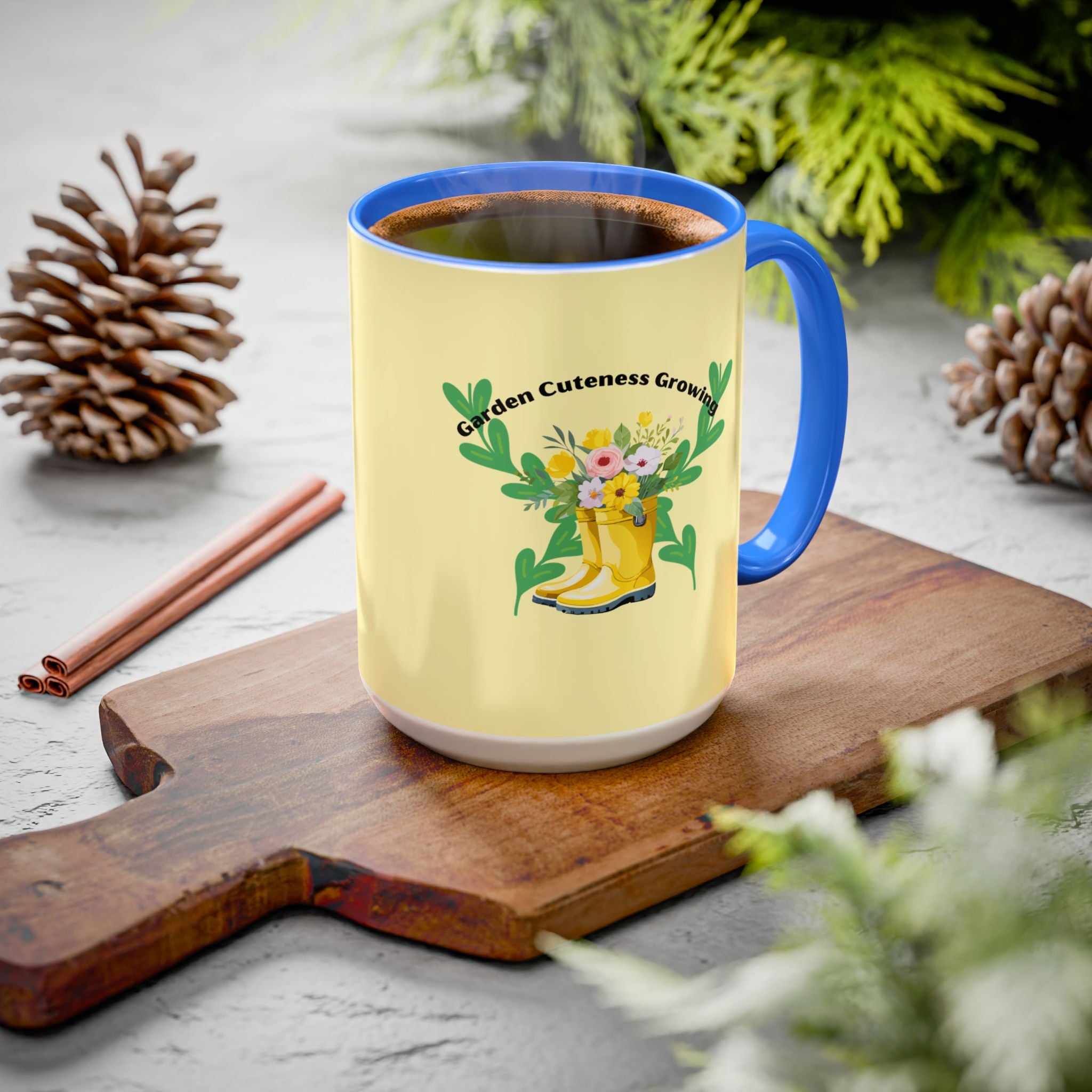 Yellow Rain Boot Floral Mug — “Garden Cuteness Growing” Coffee Cup (11oz/15oz)