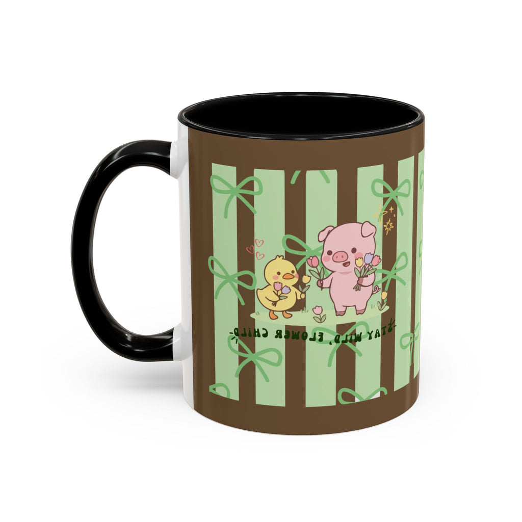 Cute Pig & Chick Accent Coffee Mug — Pastel Stripes, Charming Kawaii Tea/Coffee Cup