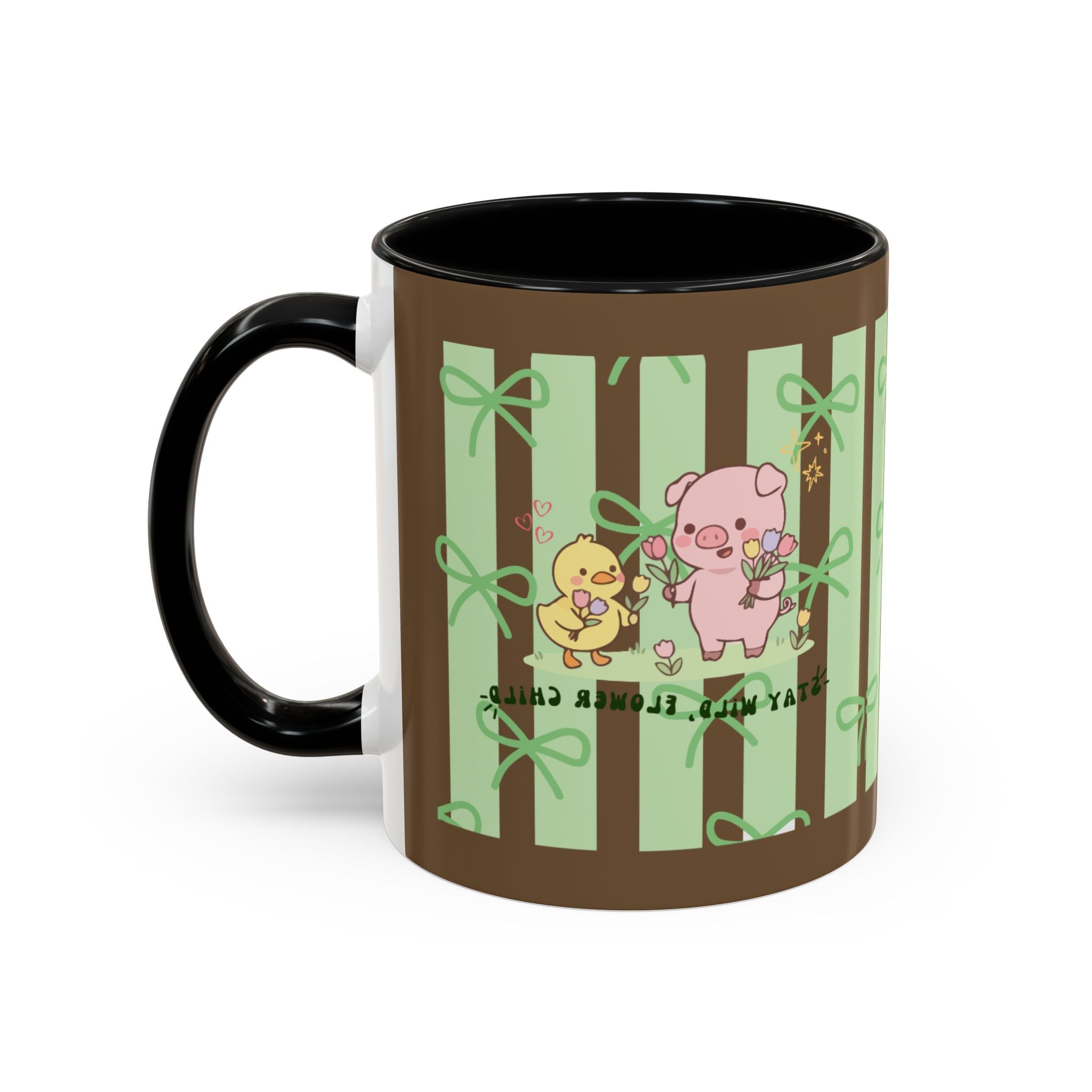 Cute Pig & Chick Accent Coffee Mug — Pastel Stripes, Charming Kawaii Tea/Coffee Cup