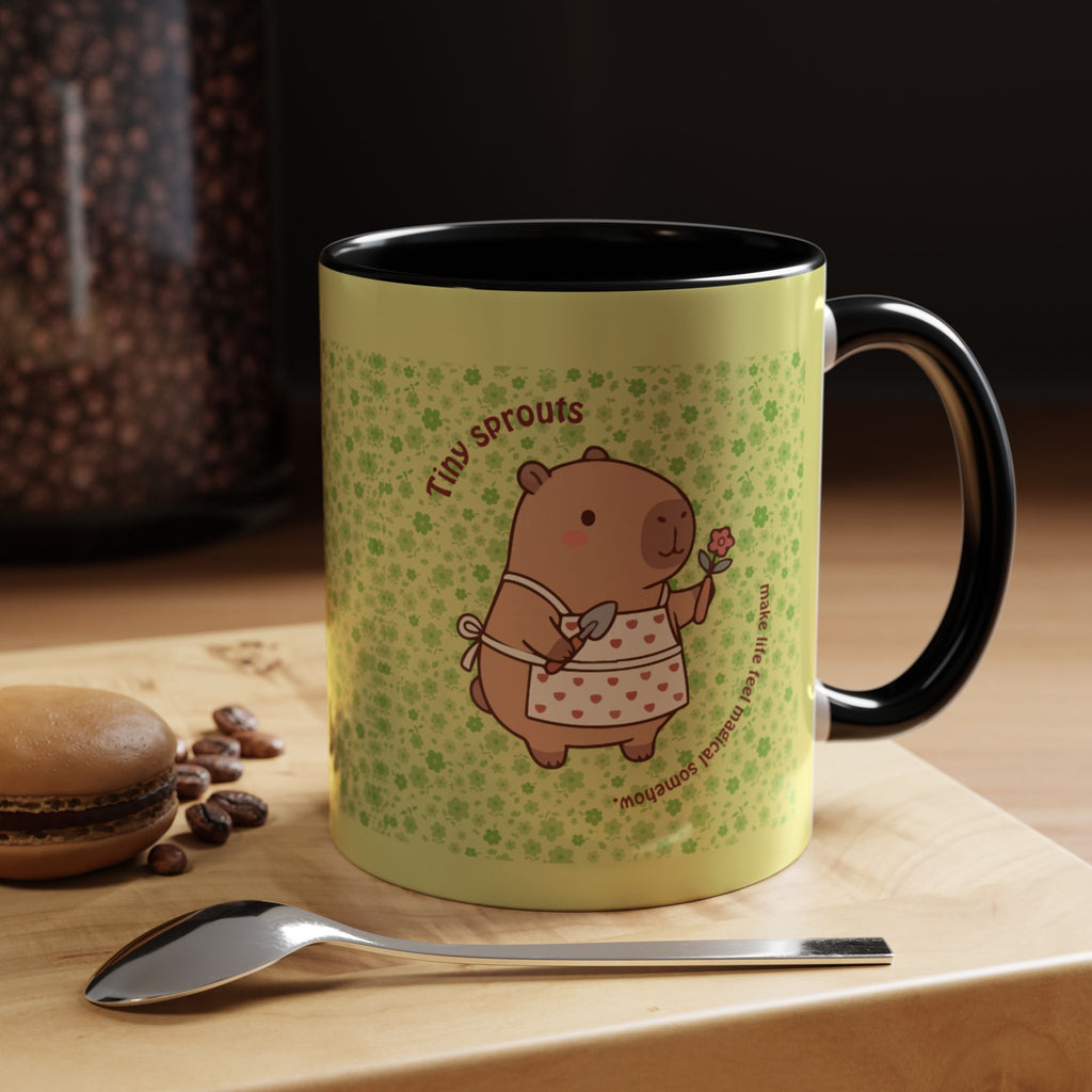 Cute ‘Tiny Sprouts’ Accent Coffee Mug – Kawaii Garden Capybara Design (11/15 oz)