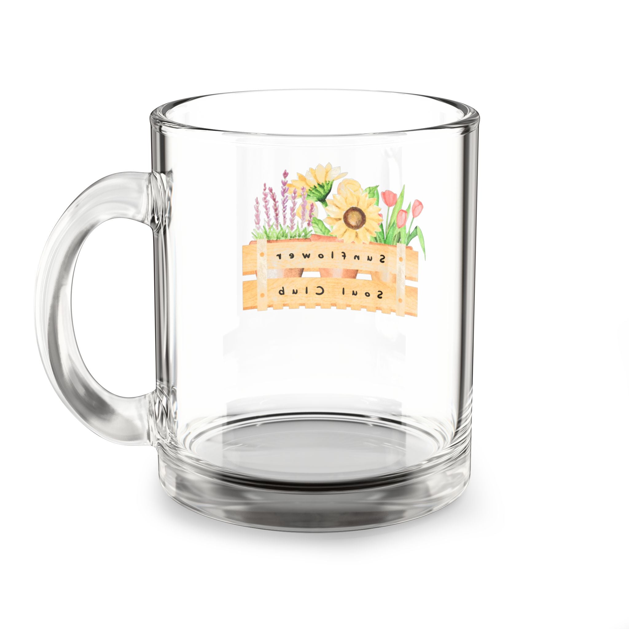 10oz Glass Mug — Rustic Floral Crate Design, Sunflower & Lavender Coffee Cup