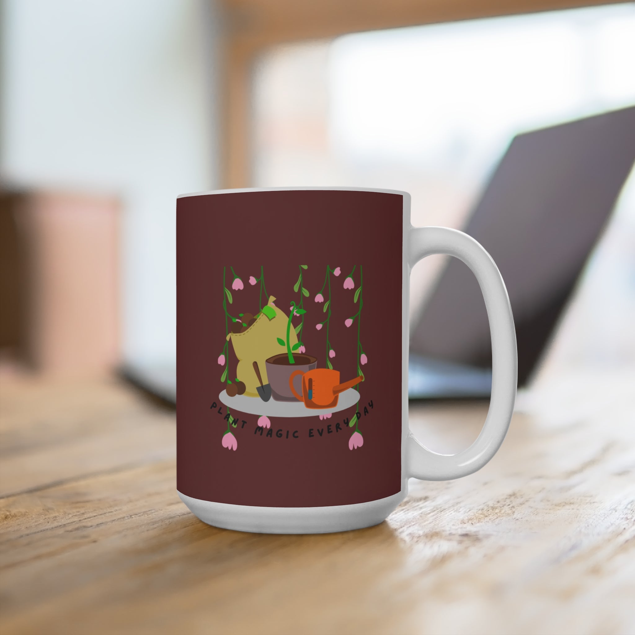 15oz Ceramic Mug — Cozy Tea & Plant Magic Design (“Best Magic Ever”)