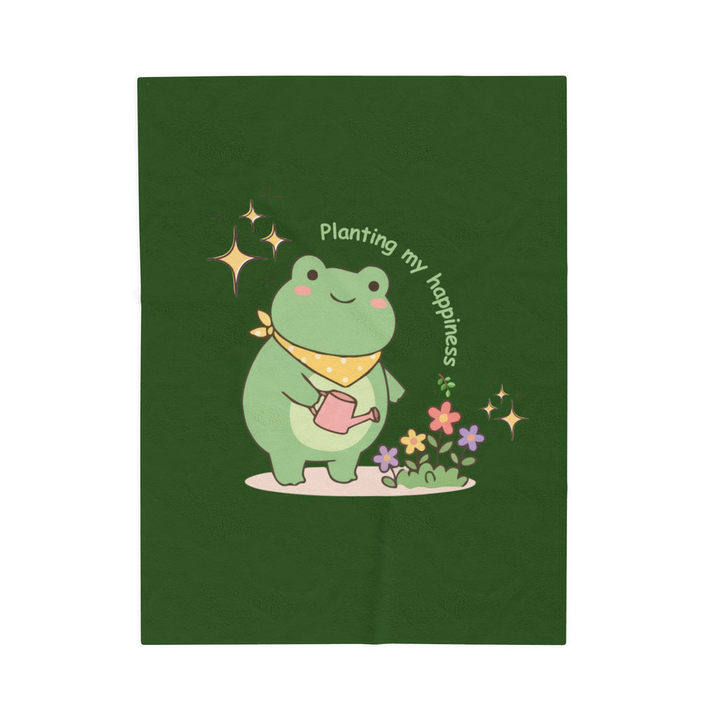Cute Frog 'Planting My Happiness' Velveteen Plush Blanket