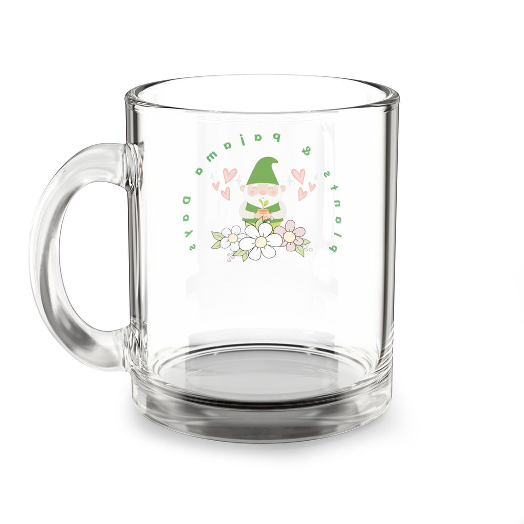 10oz Glass Mug – Cute Gnome Floral Coffee Cup (Pastel Hearts)