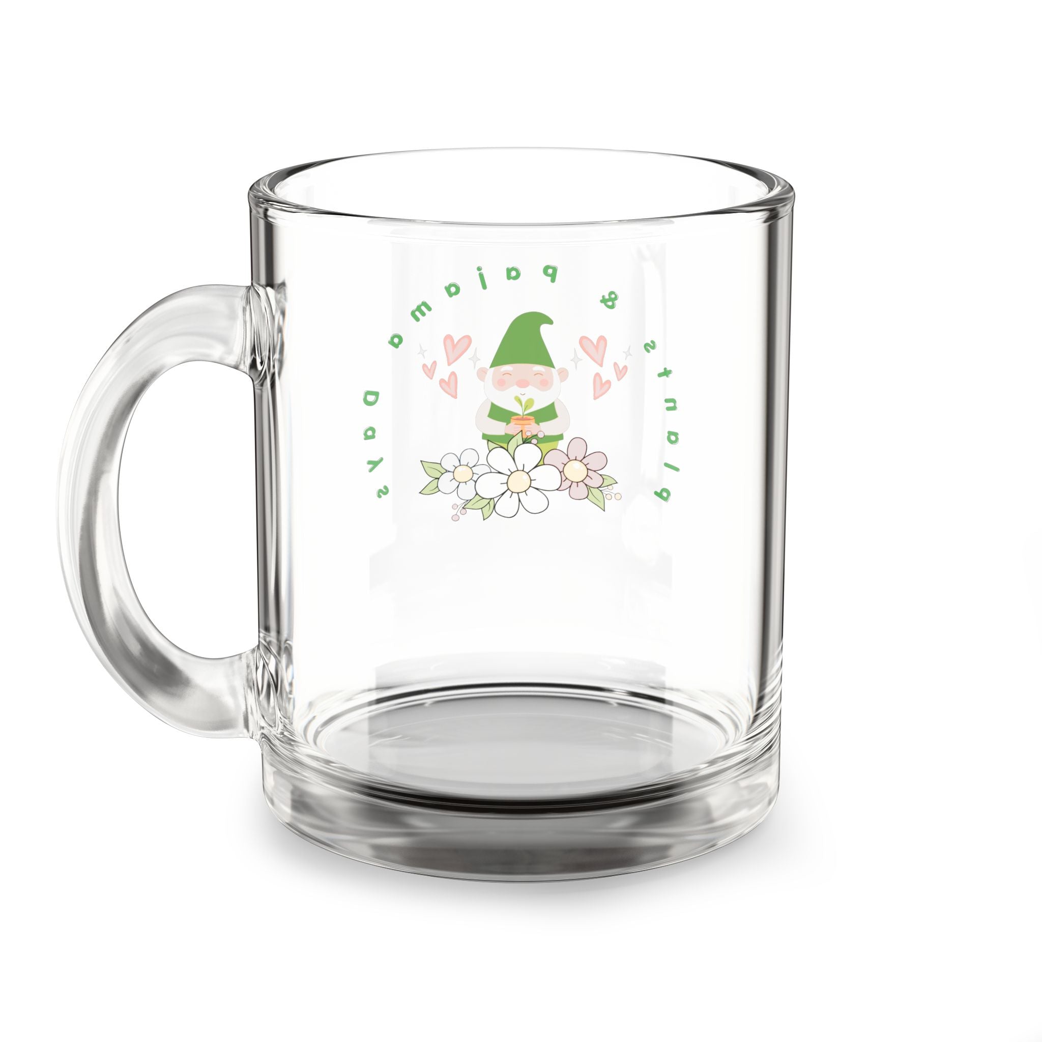 10oz Glass Mug – Cute Gnome Floral Coffee Cup (Pastel Hearts)