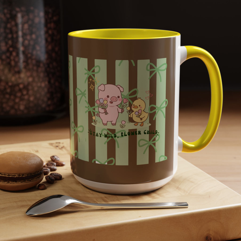 Cute Pig & Chick Accent Coffee Mug — Pastel Stripes, Charming Kawaii Tea/Coffee Cup