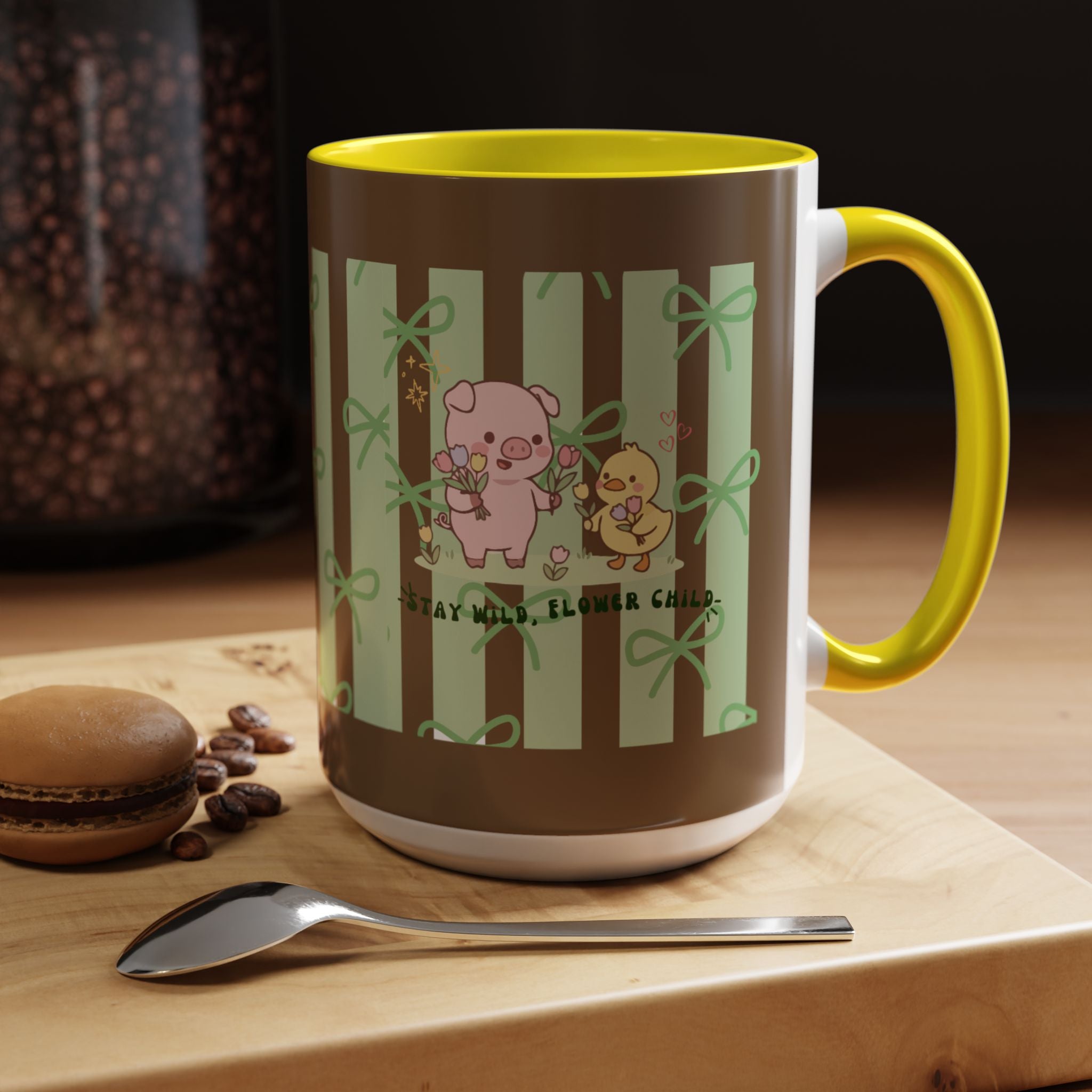 Cute Pig & Chick Accent Coffee Mug — Pastel Stripes, Charming Kawaii Tea/Coffee Cup