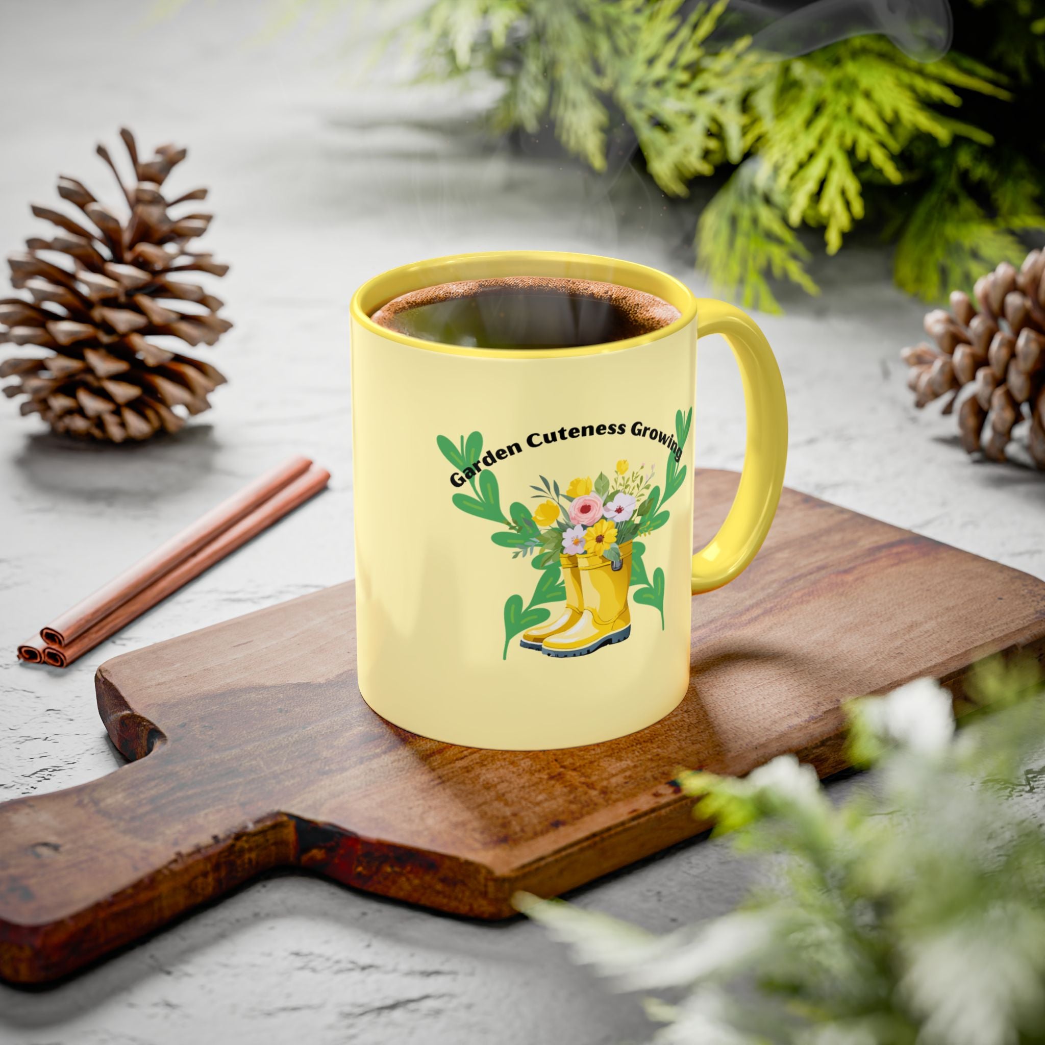 Yellow Rain Boot Floral Mug — “Garden Cuteness Growing” Coffee Cup (11oz/15oz)