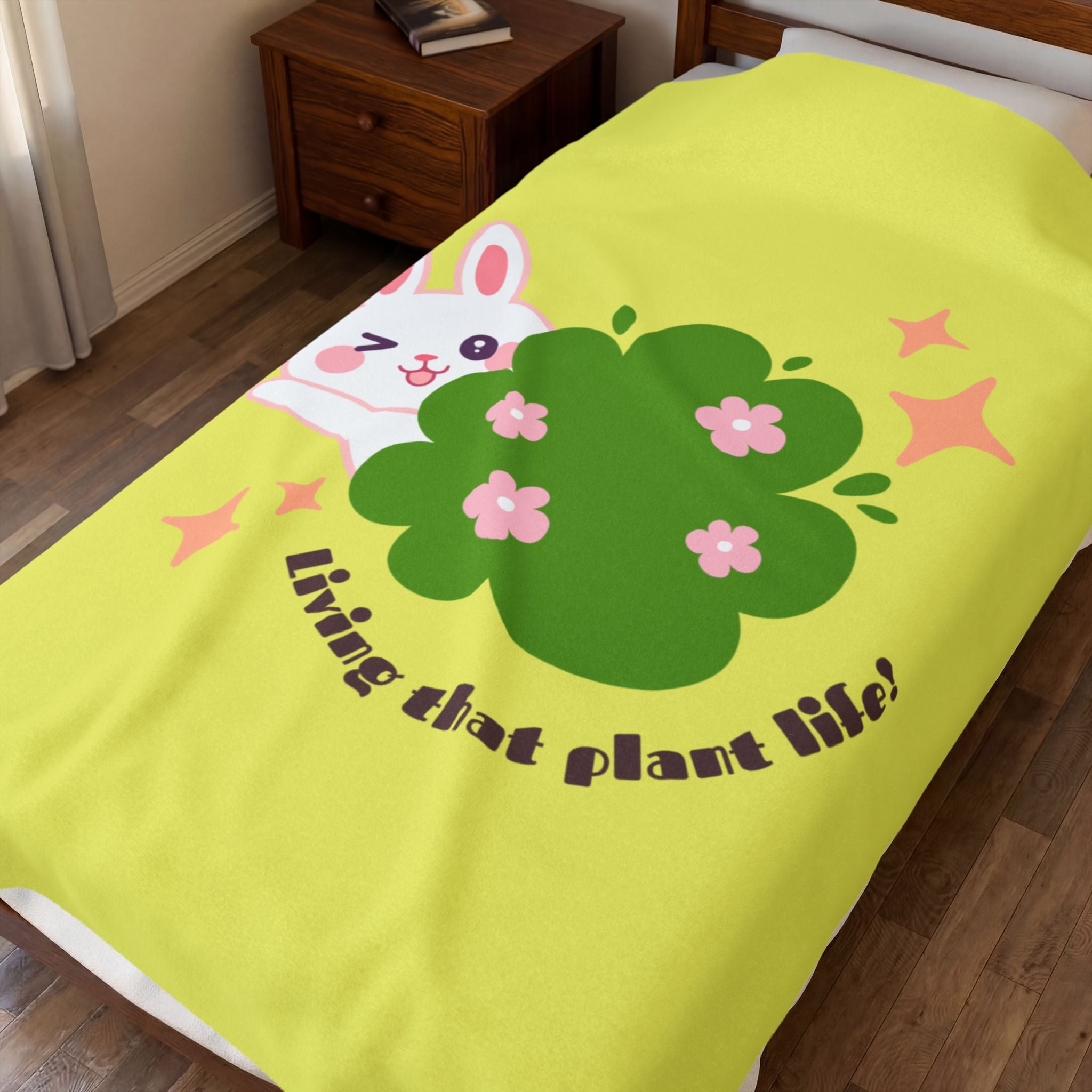 Cute Bunny 'Living That Plant Life' Plush Blanket — Soft Velveteen Throw for Plant Lovers, Kids & Cozy Gift